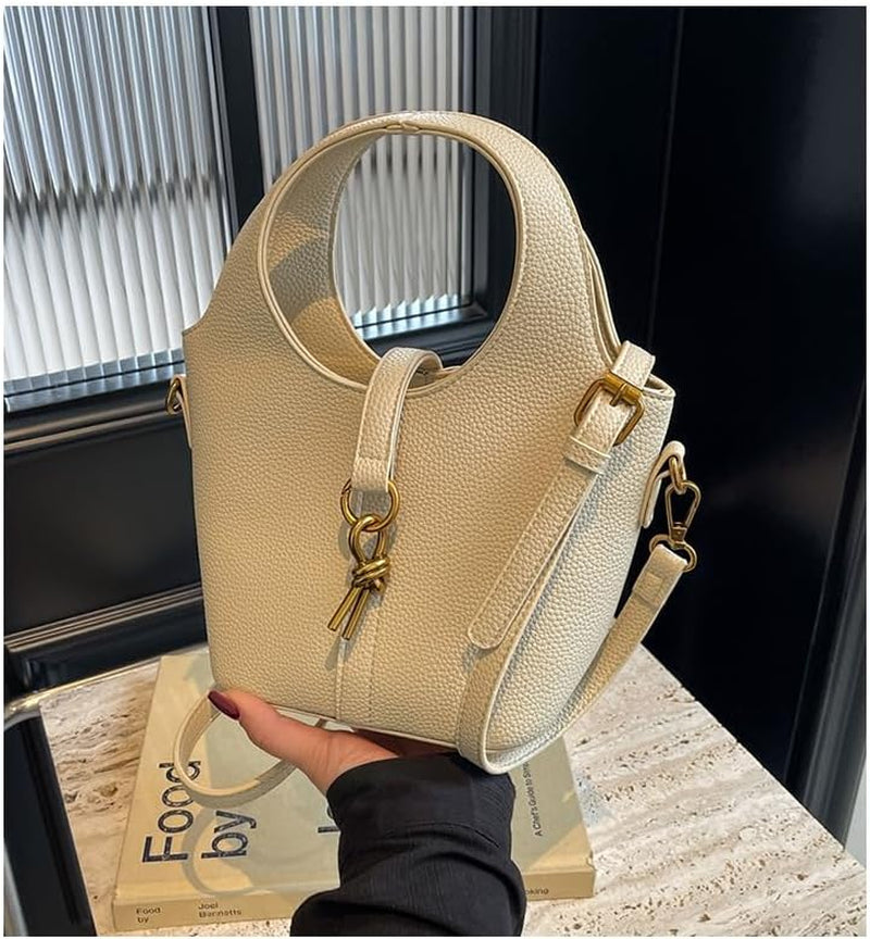 Women Bucket Bags PU Leather Hobo Bag Fashion Shoulder Crossbody Vintage Tote Small Handabg Purse (Beige, W23*H15*D13 Cm)