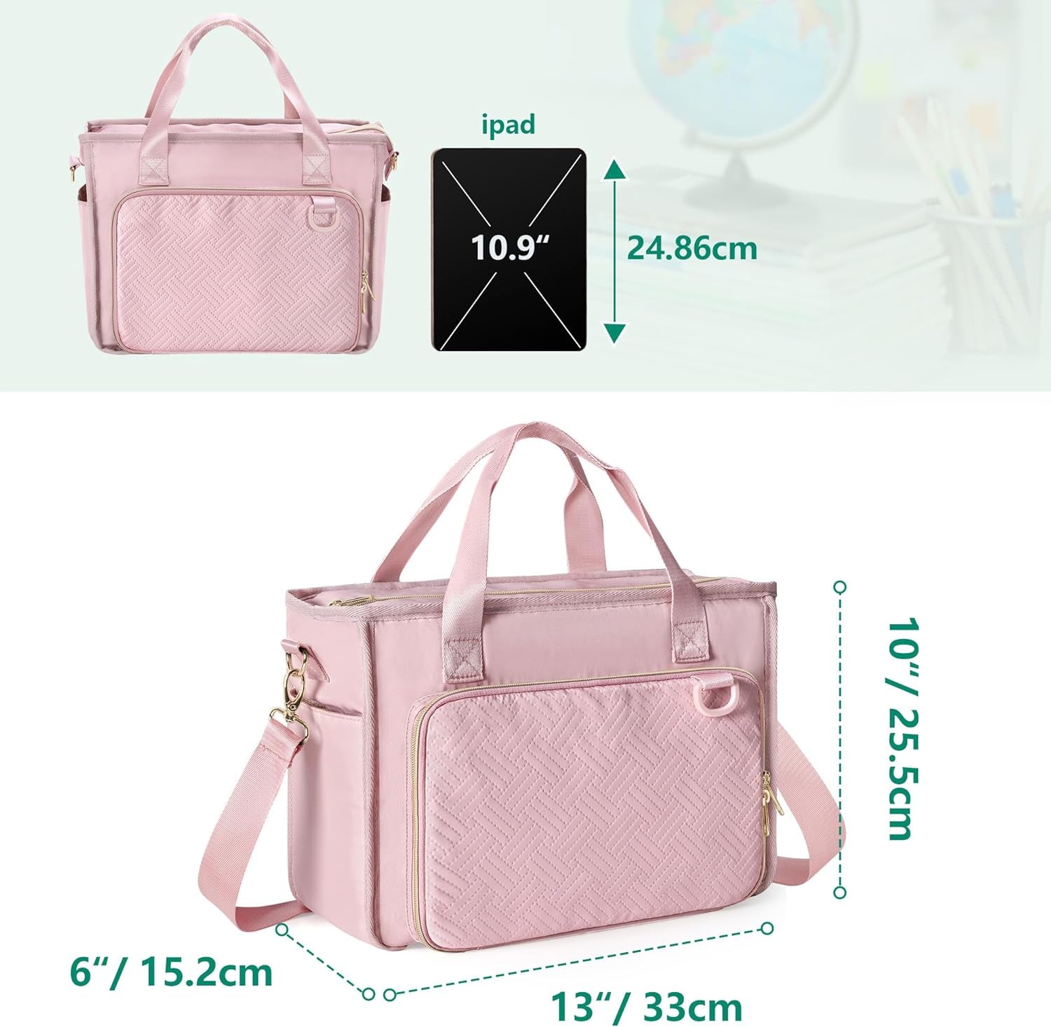 Teacher Tote Bag for Women, Work Tote Bag with Pocket for College and Office, Pink