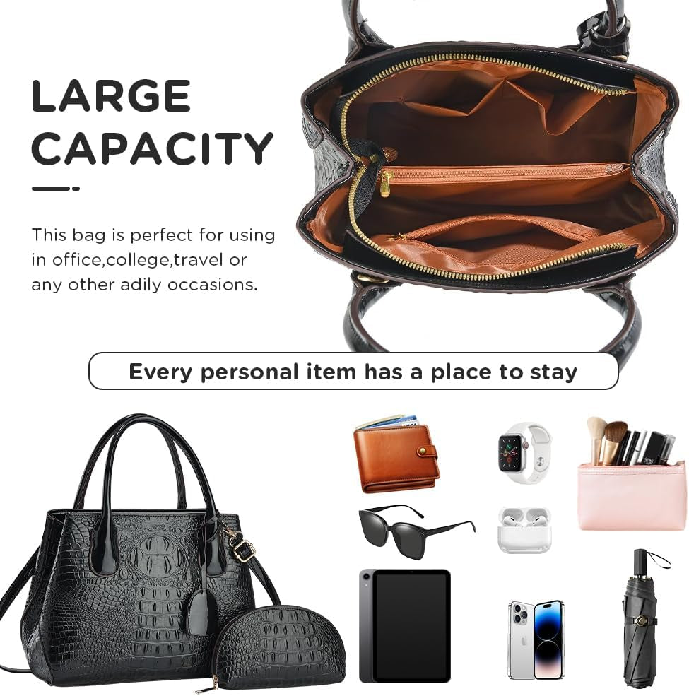 Crocodile Embossed PU Leather Handbag Set - 2-Piece Tote with Matching Pouch, Stylish and Durable Shoulder Bag for Women (Black)