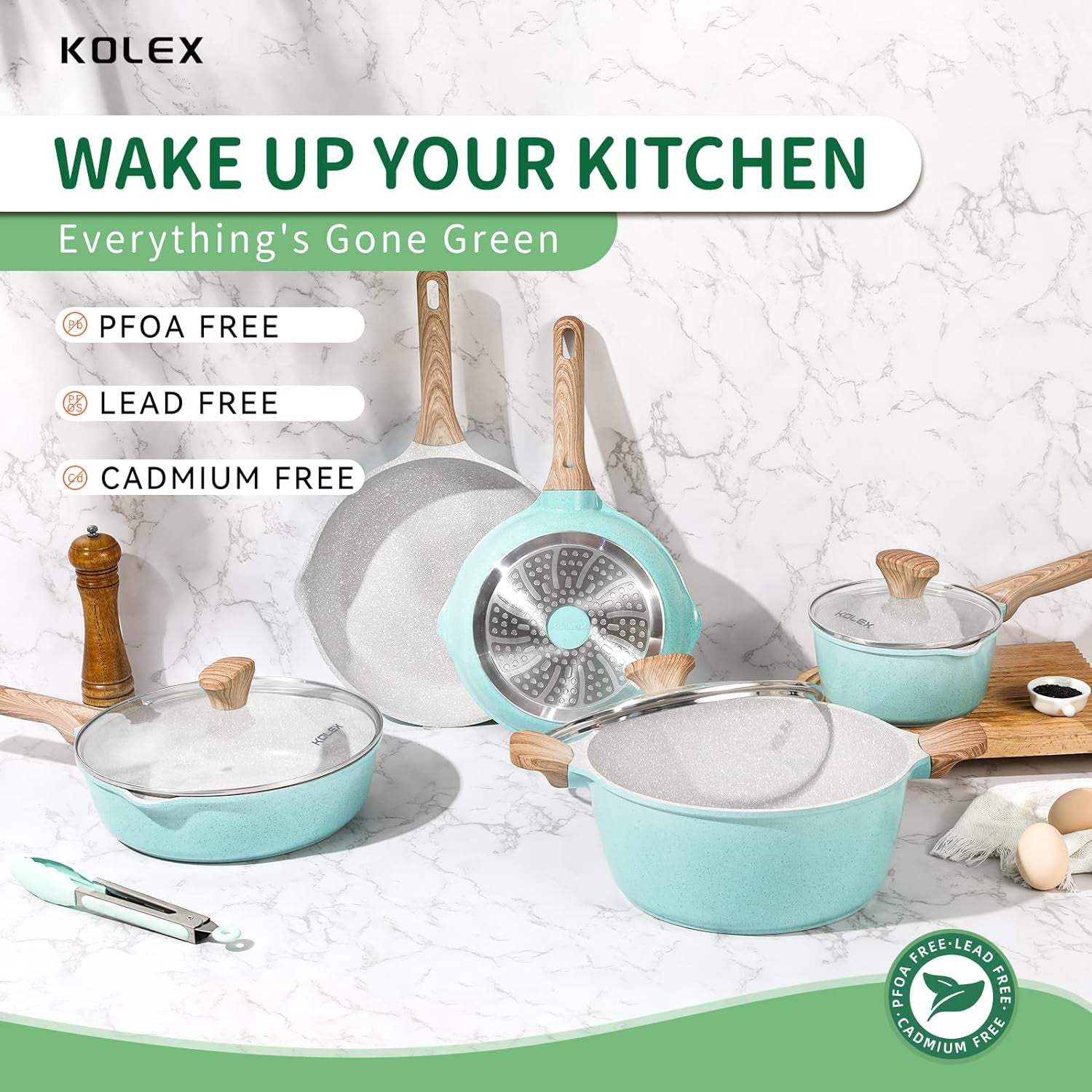 KOLEX Nonstick Cookware Sets,12-Piece Kitchenware Pots and Pans Set Granite Coating,Includes Frying Pans,Deep Frying Pans,Stockpots and Cooking Tools,Suitable for All Stove,100% PFOA Free,Turquoise.