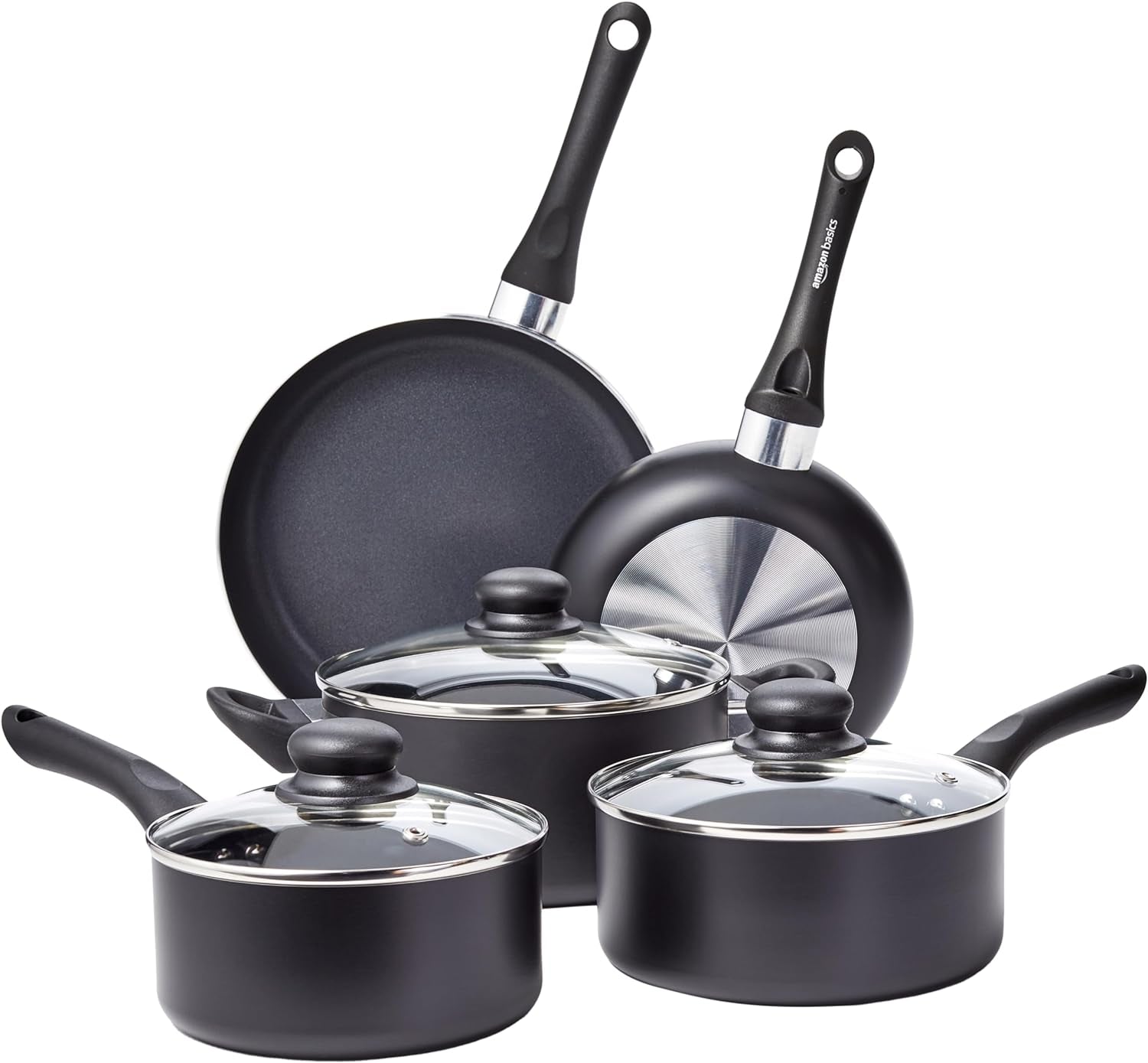 Amazon Basics Non-Stick Cookware 8-Piece Set, Pots and Pans, Black