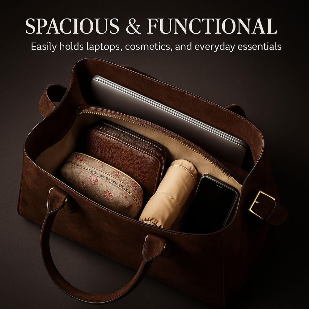 [15 In] Suede Tote Bag for Women Large Retro Top Handle Shoulder Handbag Leather Work Tote Bags for Office Travel