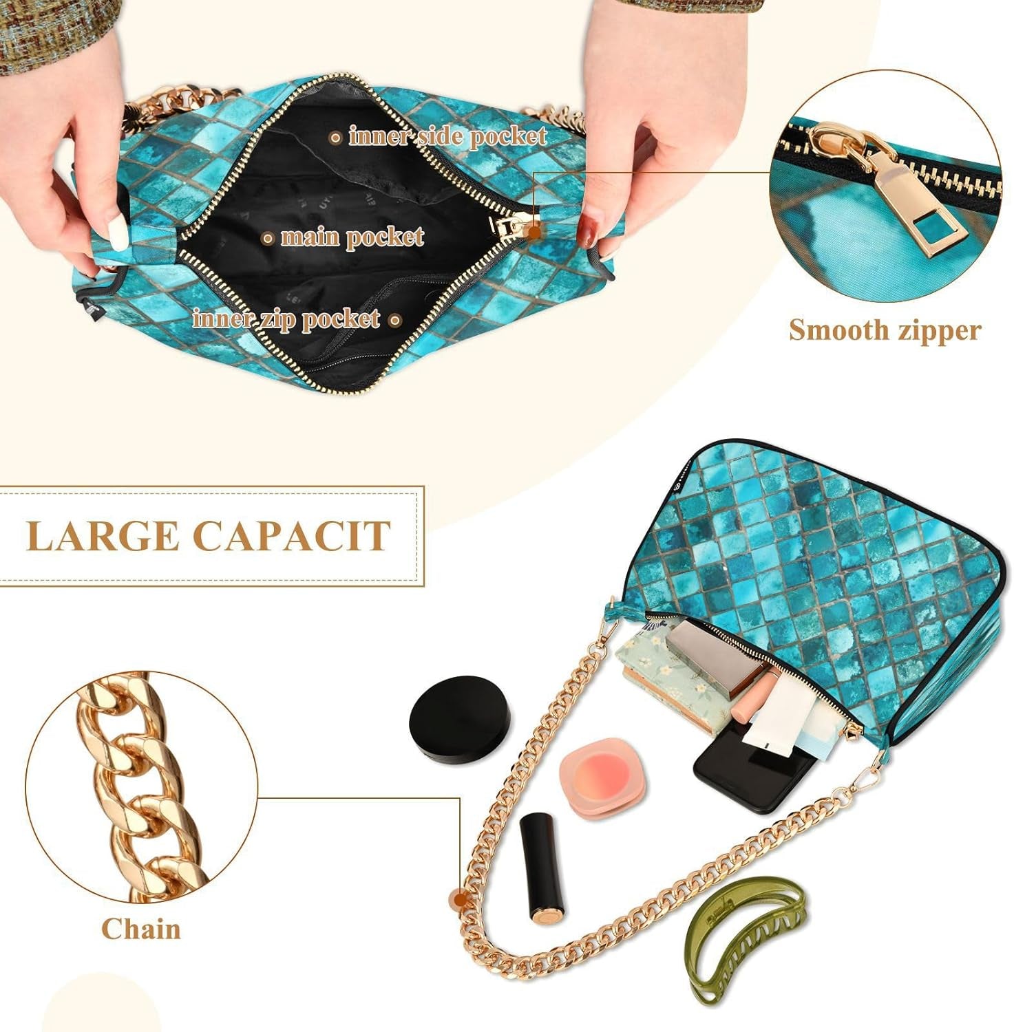 Shoulder Bags for Women Turquoise Blue Hobo Tote Handbag Small Clutch Purse with Zipper Closure