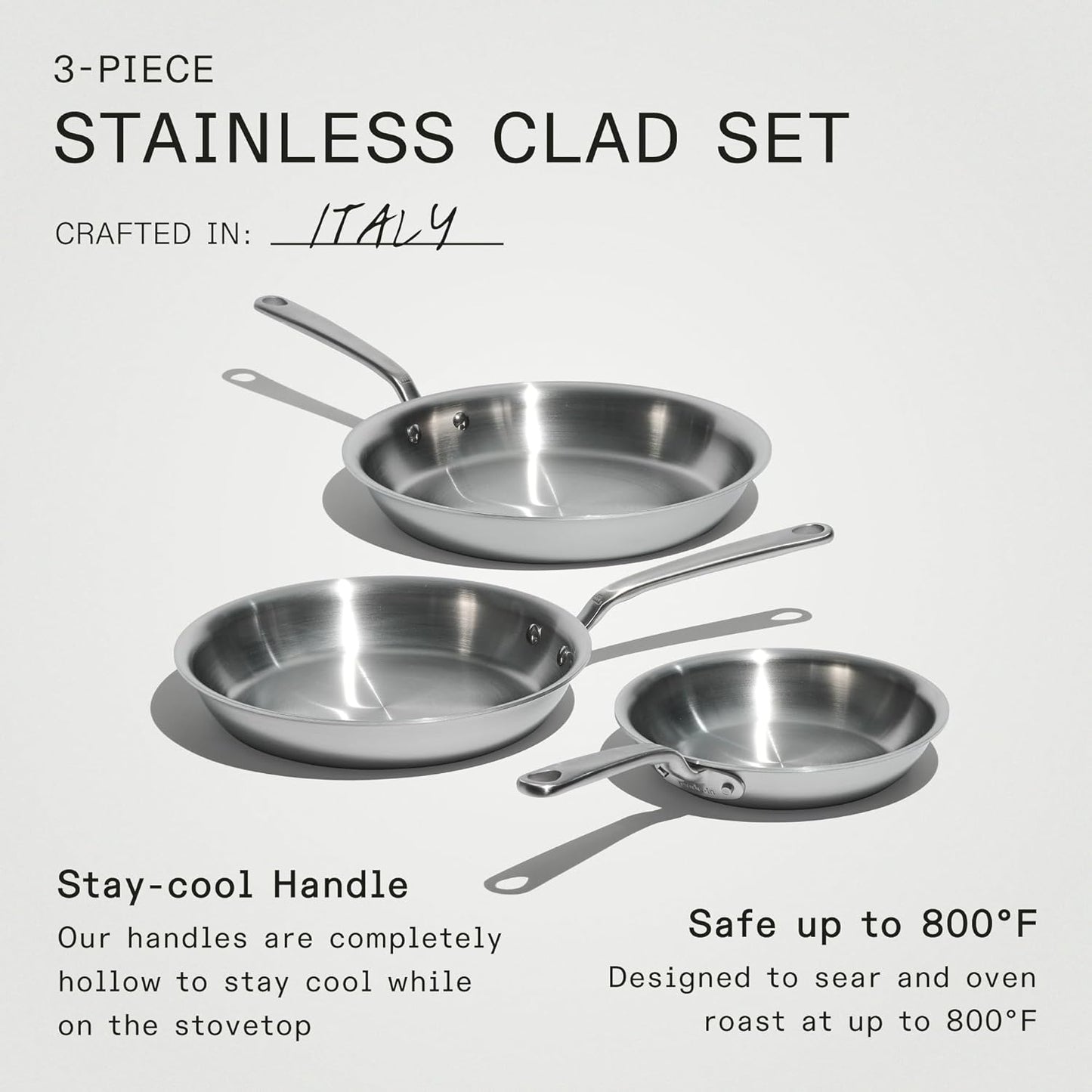 Made in Cookware - 3-Piece (Includes 8",10",12") Stainless Frying Pan Set - 5 Ply Stainless Clad - Professional Cookware - Crafted in Italy - Induction Compatible