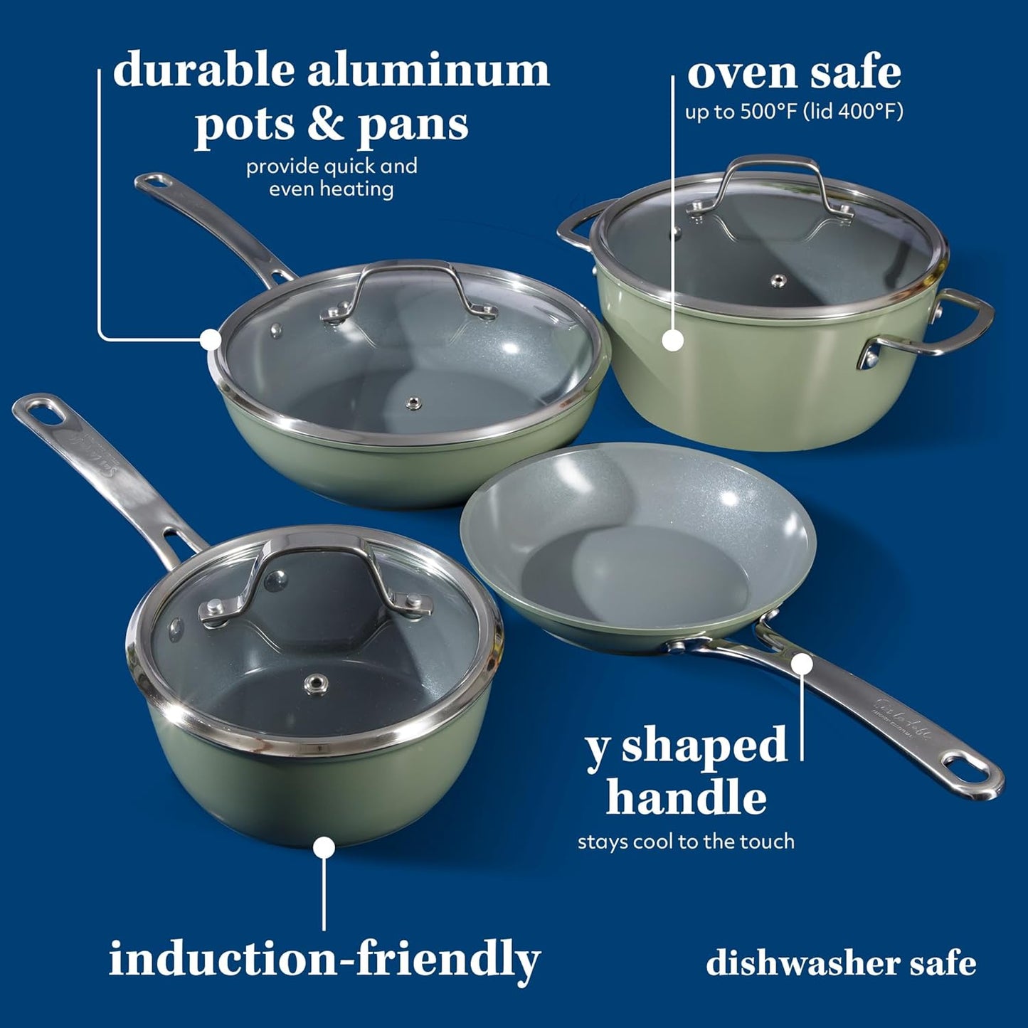 Sur La Table Kitchen Essentials 10 Piece PFA Free Non-Toxic Titanium Ceramic Nonstick Interior Forged Aluminum Cookware Pots and Pans Set - Green - Induction Compatible