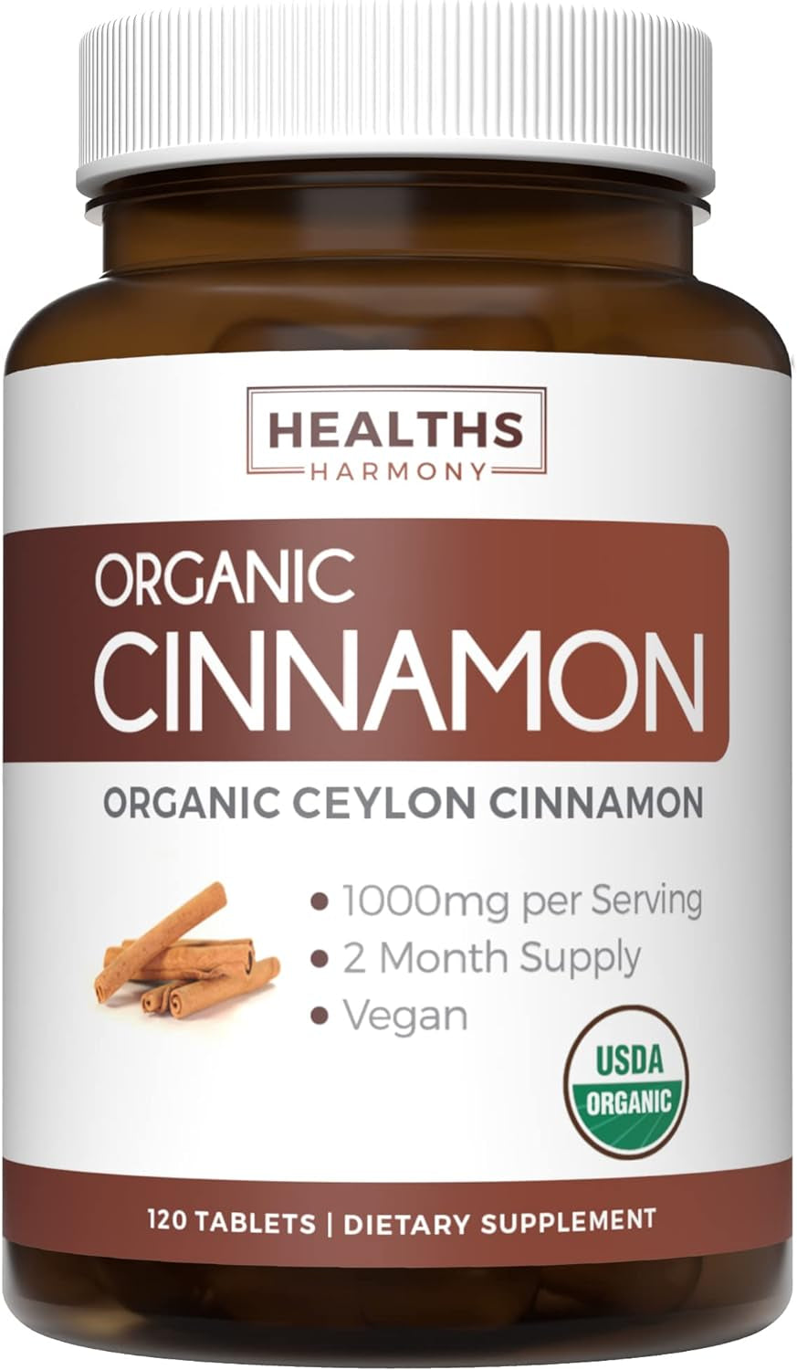 USDA Organic Ceylon Cinnamon (60 Tablets) 1000Mg Cinnamon Quill Powder per Serving - Natural Cinnamon Supplements for Effective Metabolism, Cognative, Joint, Immune Support - (No Capsules or Pills)