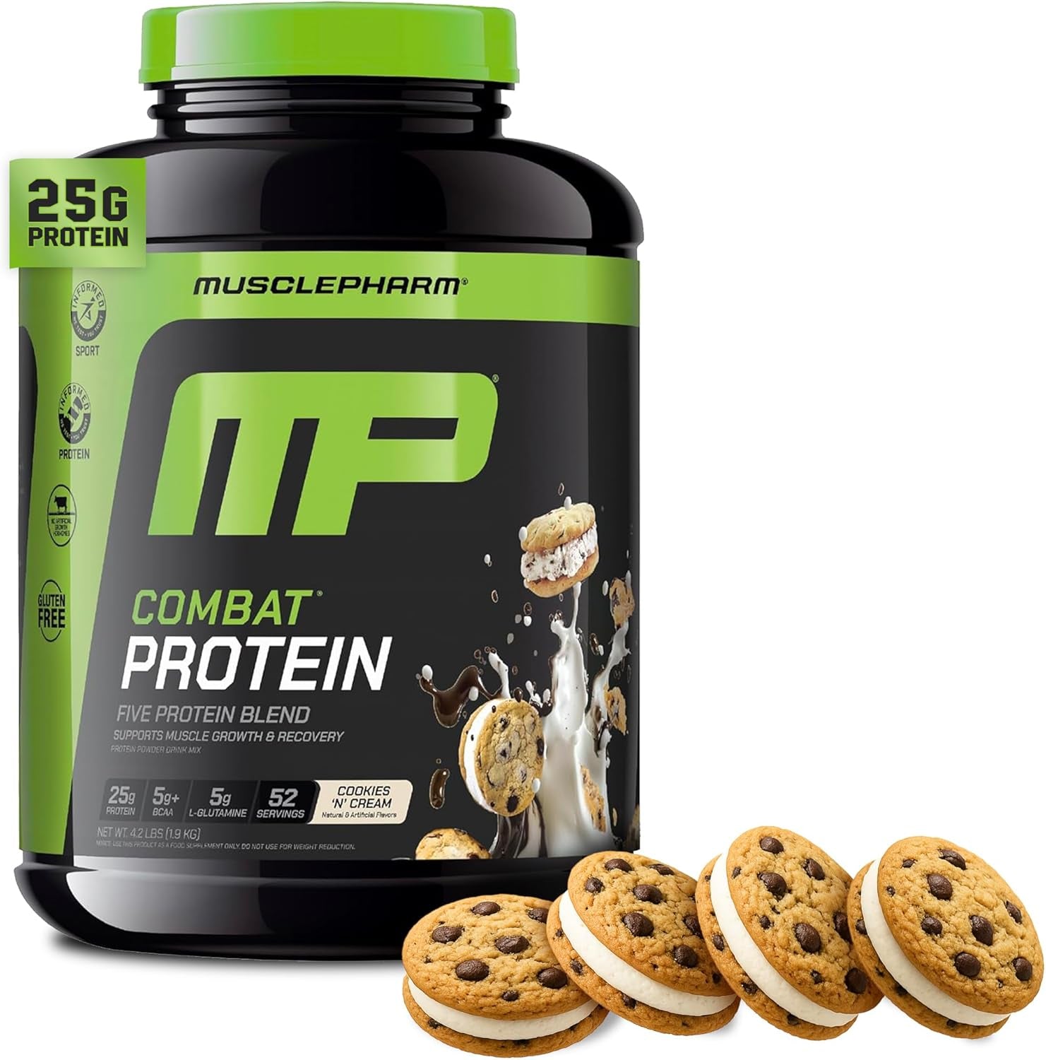 Musclepharm Combat Protein Powder, Cookies ‘N’ Cream Flavor, Fuels Muscles for Productive Workouts, 5 Protein Sources Including Whey Protein Isolate & Egg Albumin, Gluten Free, 4 Lb, 52 Servings
