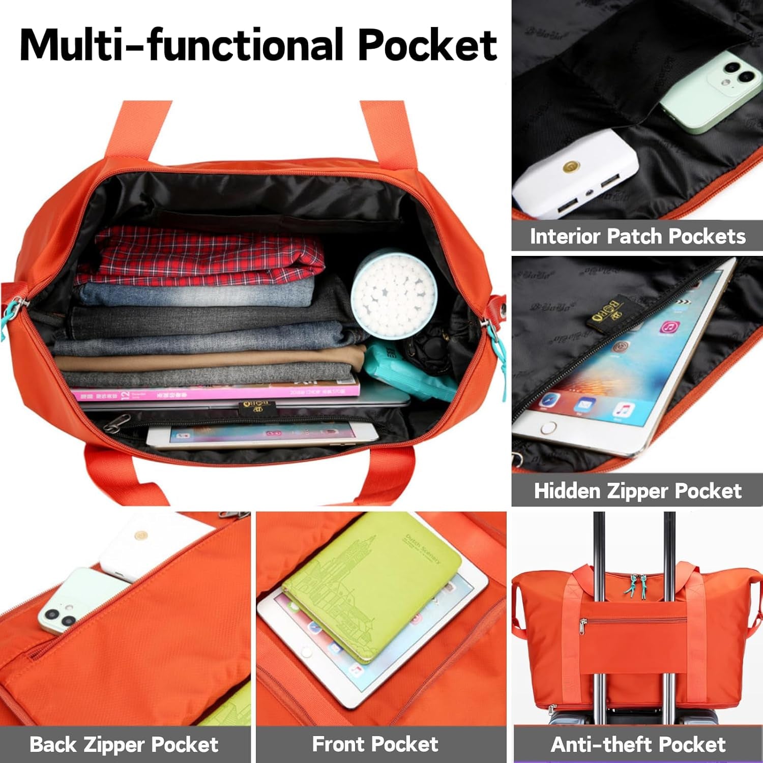 Expandable Travel Duffle Bag for Women Men, Lightweight Foldable Travel Tote Bags Gym Bag, Large Waterproof Carry on Weekender Overnight Bag with Wet Pocket for Workout, Fitness, Shopping Orange