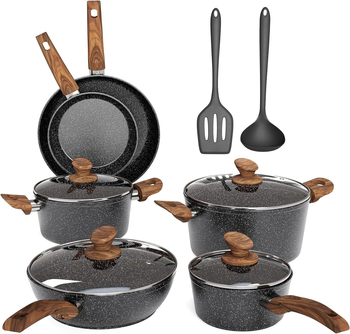 MAISON ARTS Kitchen Cookware Sets Nonstick, 12 Piece Pots and Pans Set Granite Cooking Set for Induction & Dishwasher Safe, Oven, Stovetop, Black