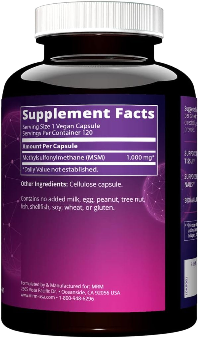 MRM Nutrition MSM 1000Mg | Pure Methyl-Sulfonyl-Methane Capsules | Joint, Hair, Skin & Nail Support | Bioavailable Sulfur Supplement | Vegan + Gluten-Free | 120 Servings
