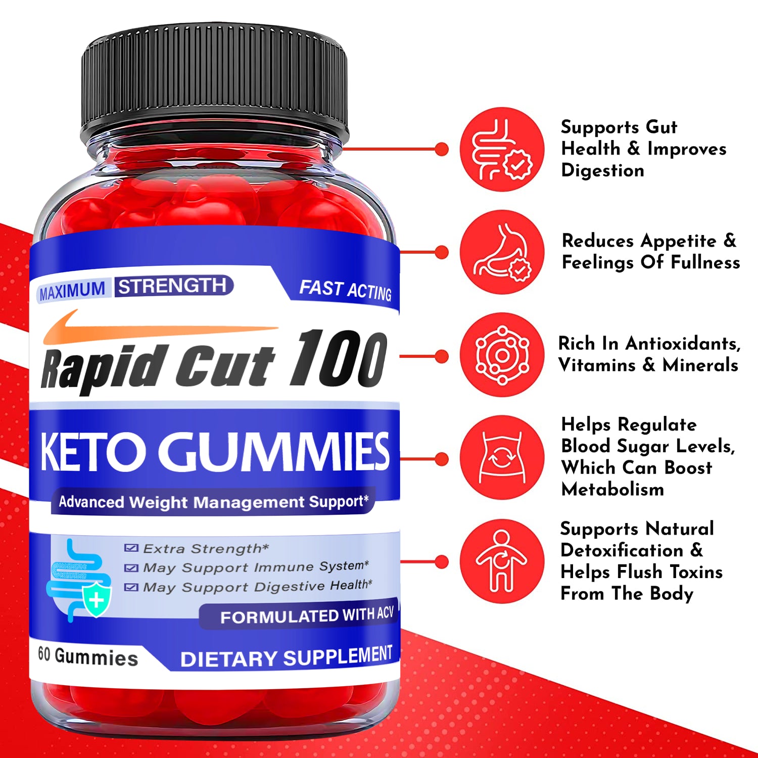 (1 Pack) Rapid Cut 100 Keto ACV Gummies - Vegan Weight Loss Supplement-60 Gums