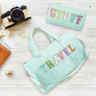 2 Pcs Travel Preppy Duffle Bag and Chenille Letter Makeup Pouch Cosmetic Zipper Patch Makeup Tote Bag(Mint Green)