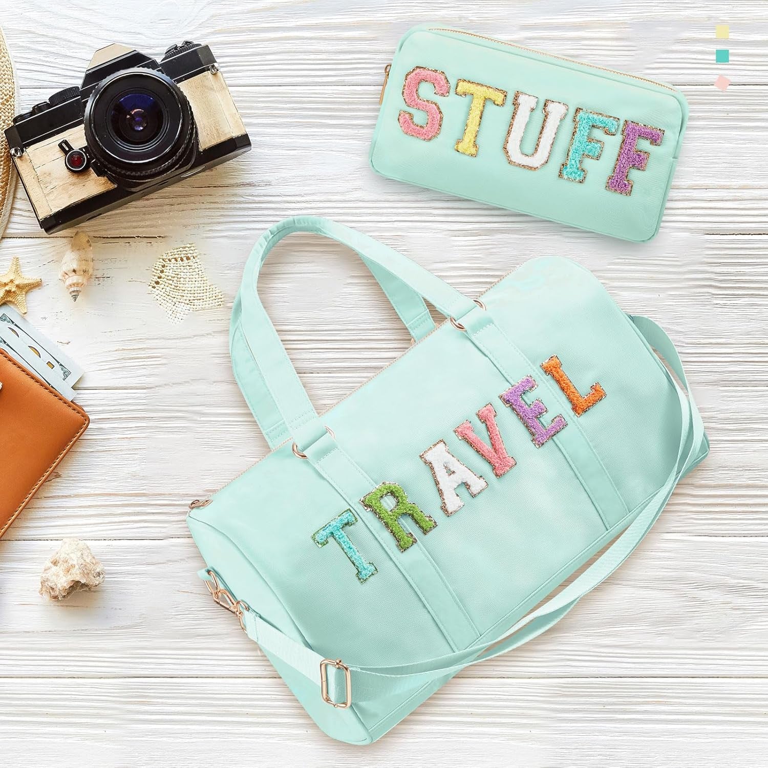 2 Pcs Travel Preppy Duffle Bag and Chenille Letter Makeup Pouch Cosmetic Zipper Patch Makeup Tote Bag(Mint Green)