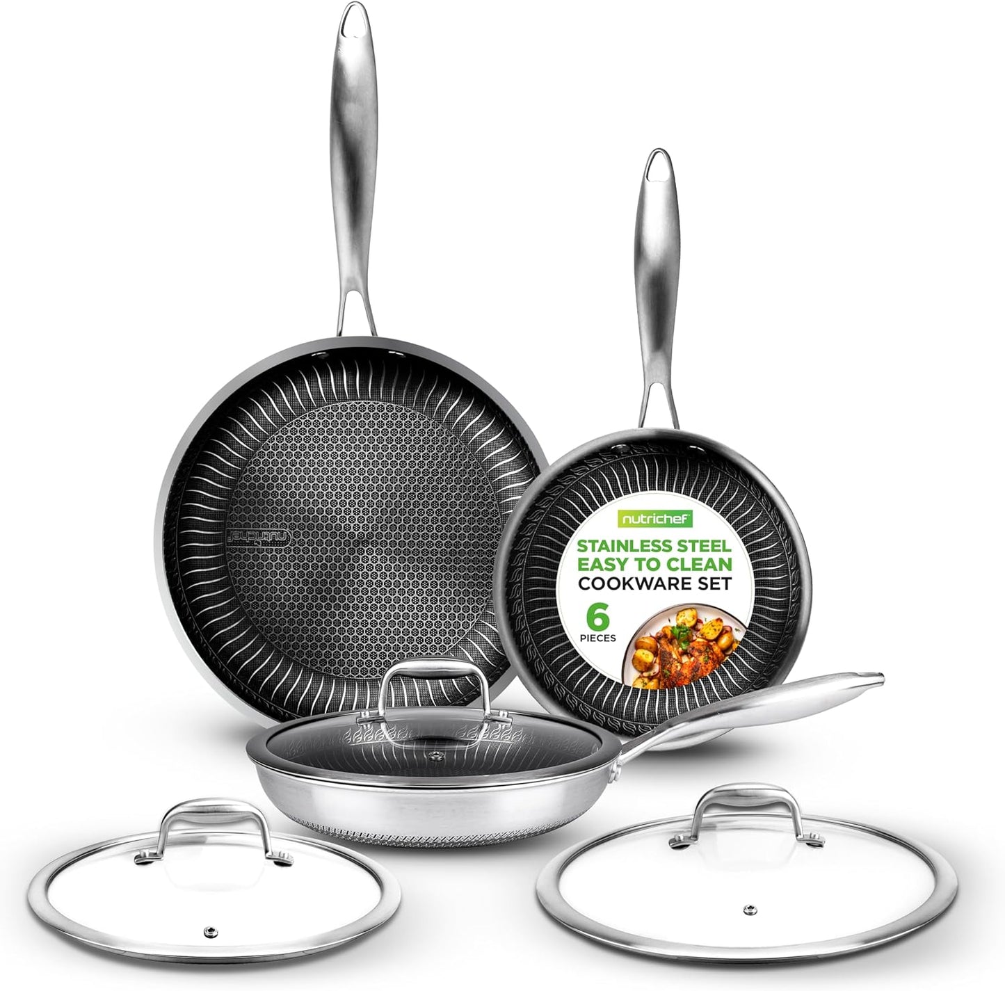 Nutrichef 6-Piece Tri-Ply Stainless Steel Frying Pan Set – 8", 10", 12" Non-Stick Skillets with Lids, Induction Compatible, Oven Safe, Scratch-Resistant, Dishwasher Safe