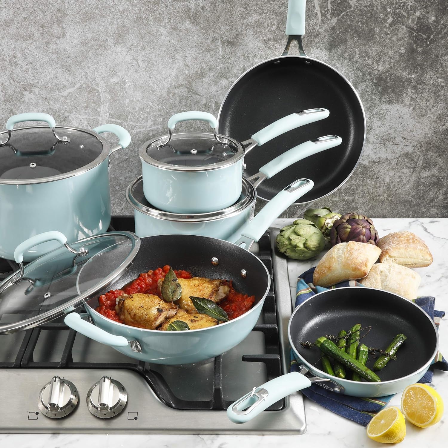 Kenmore Elite Andover Nonstick Platinum Forged Aluminum Cookware Set, 10-Piece, Glacier Blue