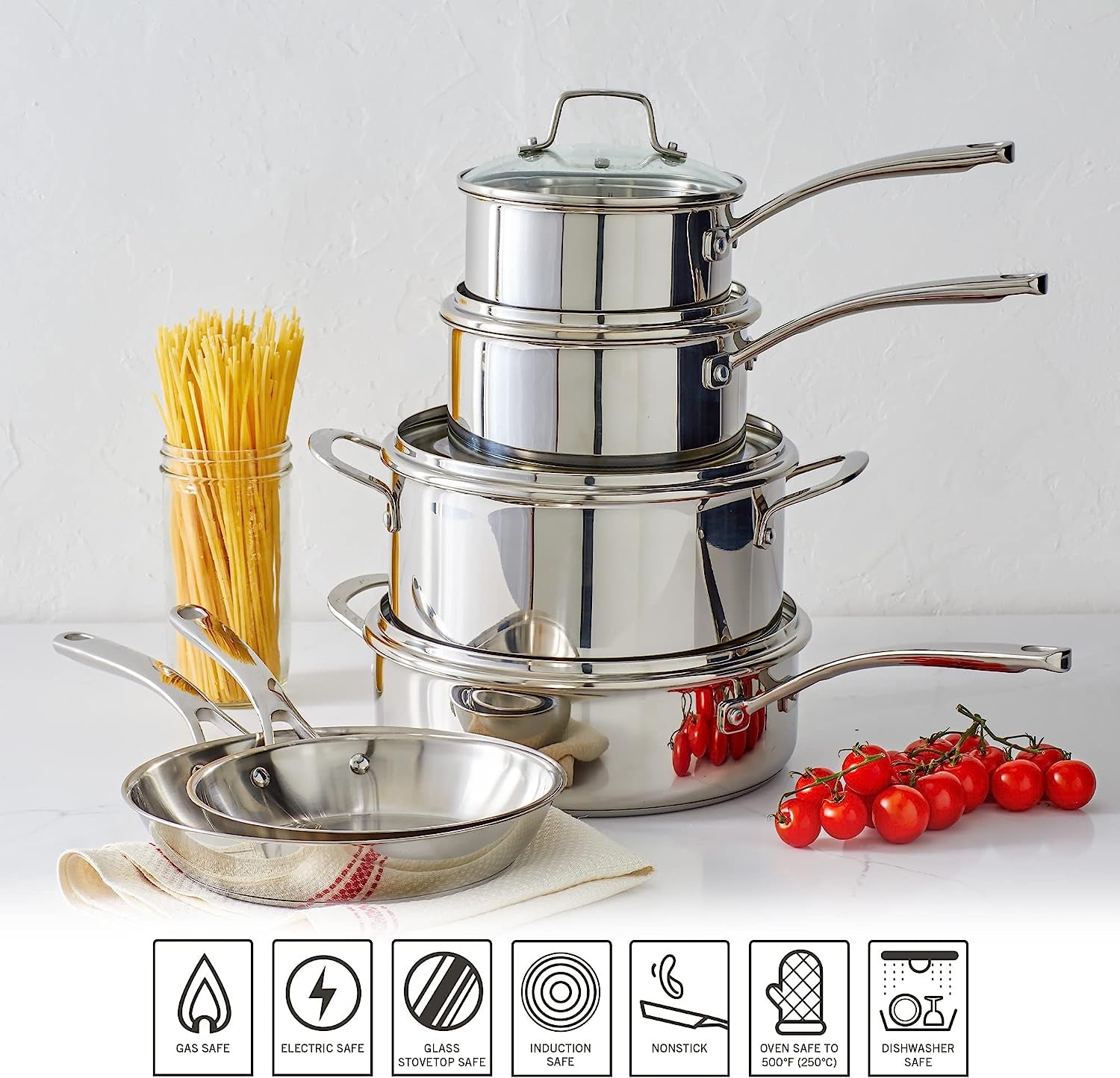 Martha Stewart Castelle 10 Piece 18/8 Stainless Steel Induction Safe Pots and Pans Non-Toxic Kitchen Cookware Set