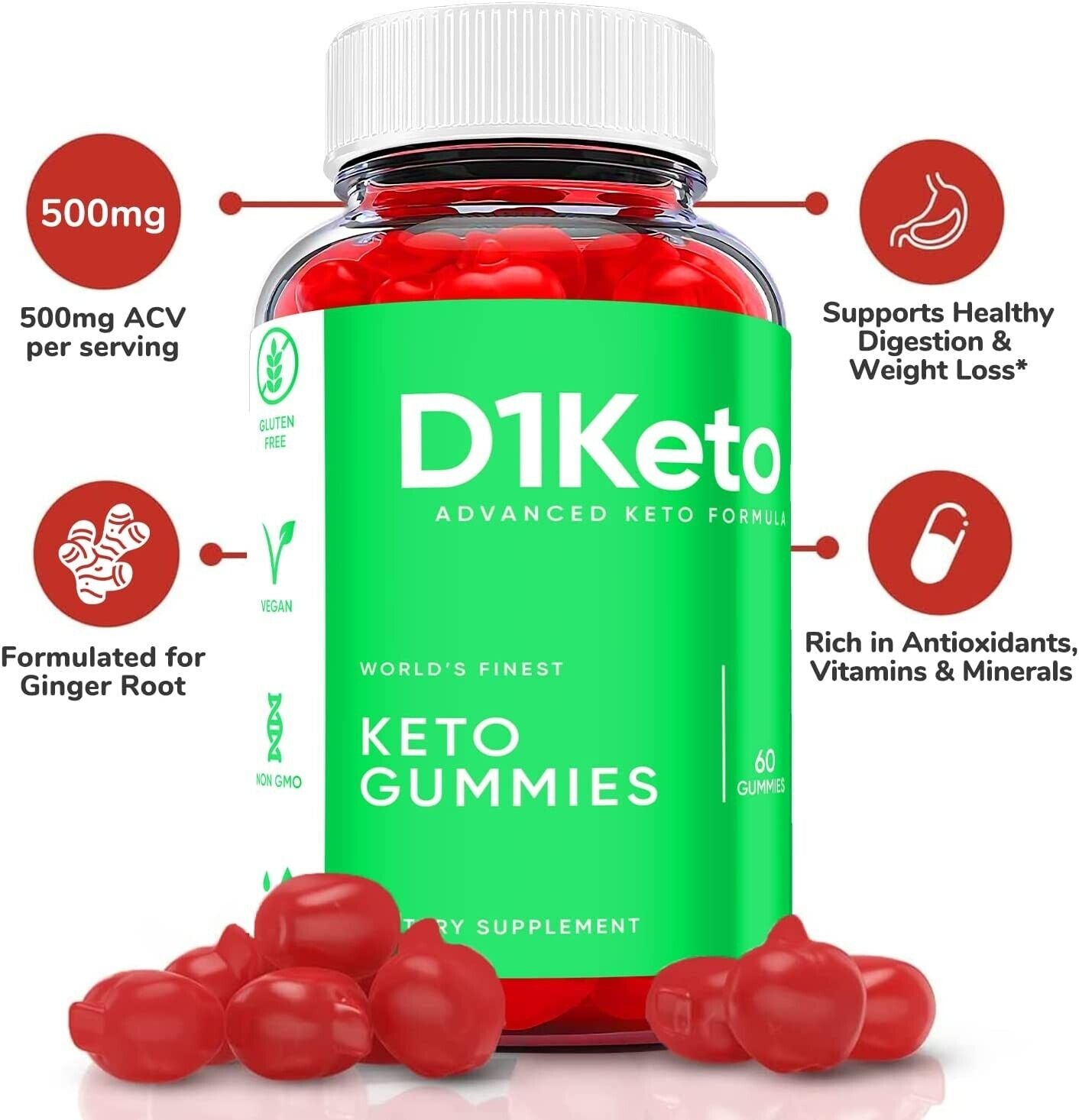 (1 Pack) D1 Keto Gummies - D1 Keto ACV Gummies Weight Loss, Vegan - 60 Gummies