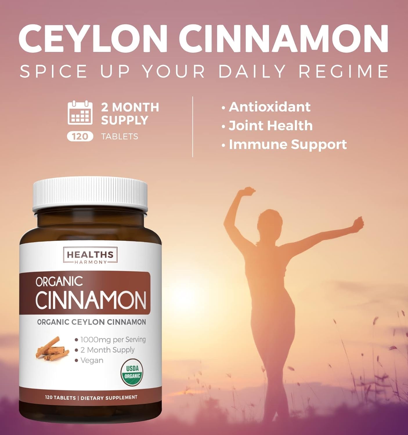 USDA Organic Ceylon Cinnamon (60 Tablets) 1000Mg Cinnamon Quill Powder per Serving - Natural Cinnamon Supplements for Effective Metabolism, Cognative, Joint, Immune Support - (No Capsules or Pills)