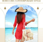 2 Pcs Large Beach Tote Bag Travel Tote Hat Bag for Women with Sun Hat Holder Strap Boho Summer Beach
