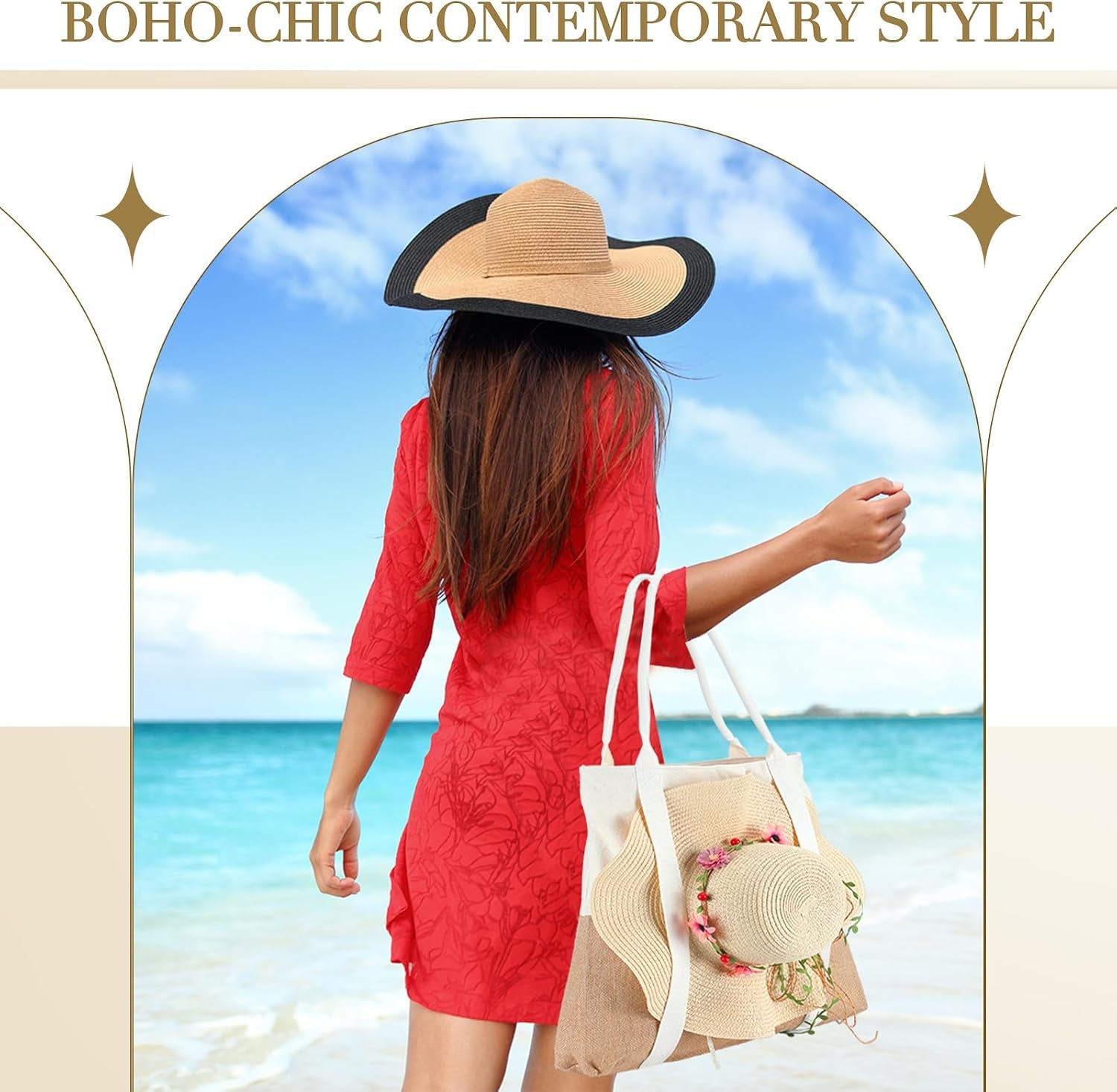 2 Pcs Large Beach Tote Bag Travel Tote Hat Bag for Women with Sun Hat Holder Strap Boho Summer Beach