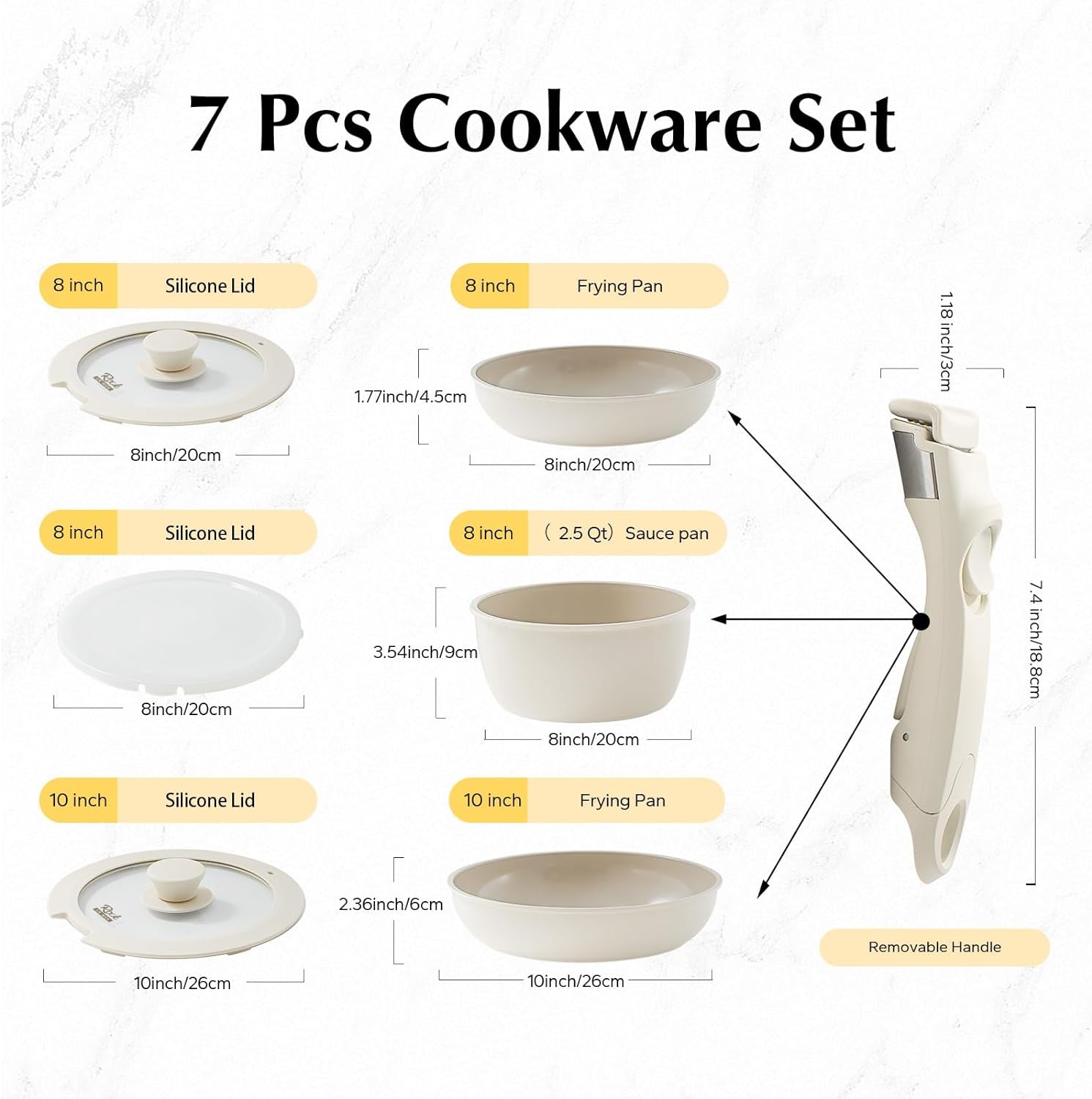 Rockurwok 7Pcs Pots and Pans Set Non Stick, Ceramic Cookware Set Detachable Handle, Induction Nonstick Cookware Set Non-Toxic RV Kitchen Cooking Set with Removable Handle, PFAS and PFOA Free (White)