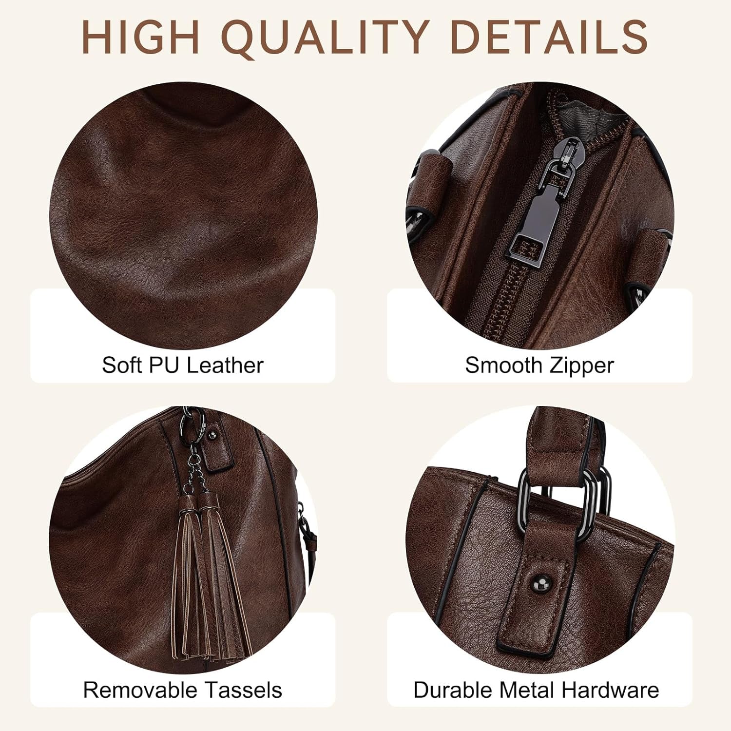 VASCHY Hobo Bag for Women, Leather Tote Bag Purse with Zipper Guitar Strap