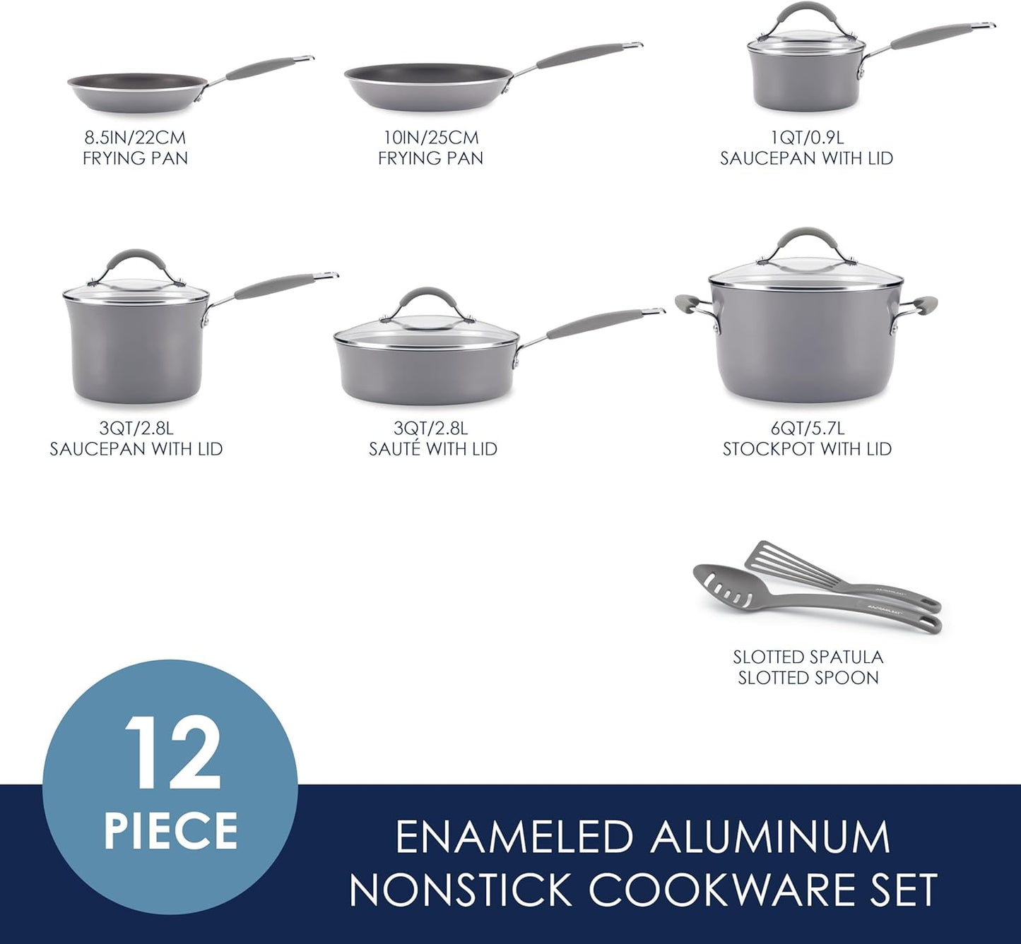 Rachael Ray - 16802 Rachael Ray Cucina Nonstick Cookware Pots and Pans Set, 12 Piece, Sea Salt Gray