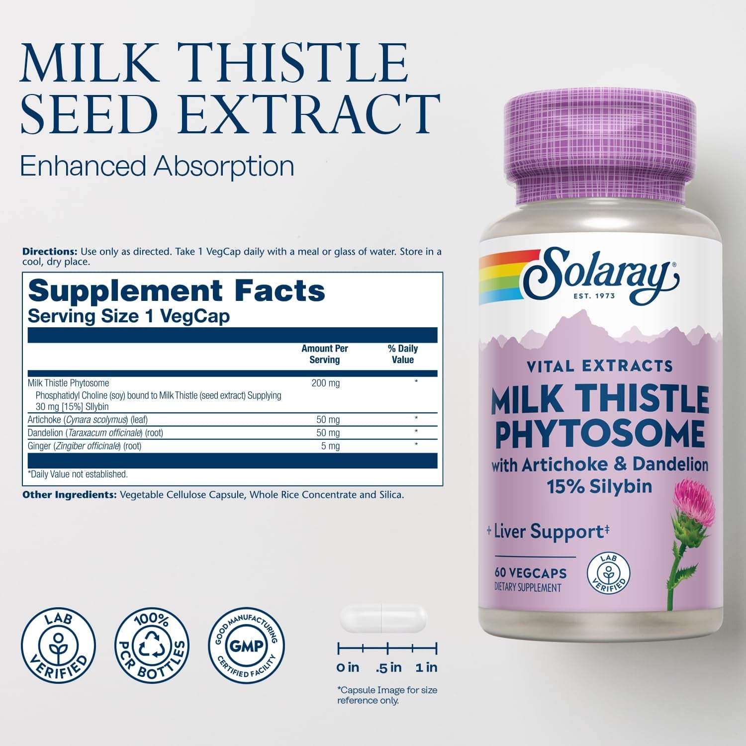 SOLARAY Milk Thistle Phytosome with Artichoke, Dandelion, and Ginger - Milk Thistle Extract Supplying 15% Silybin - Liver Supplement - 60-Day Guarantee, Lab Verified - 60 Servings, 60 Vegcaps