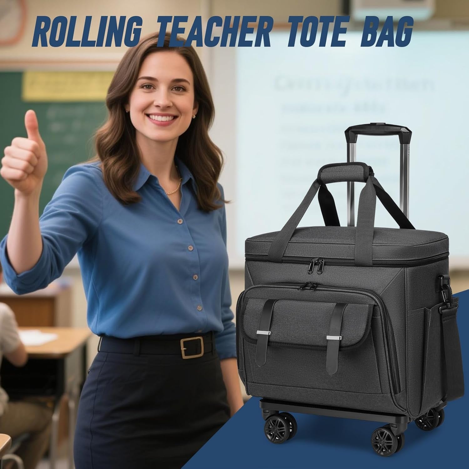 Rolling Teacher Tote Bag for Women Men,Large Tote Bag with Detachable Wheels Trolley,15.6 Inch Laptop Wheeled Teacher Bag for Work Office