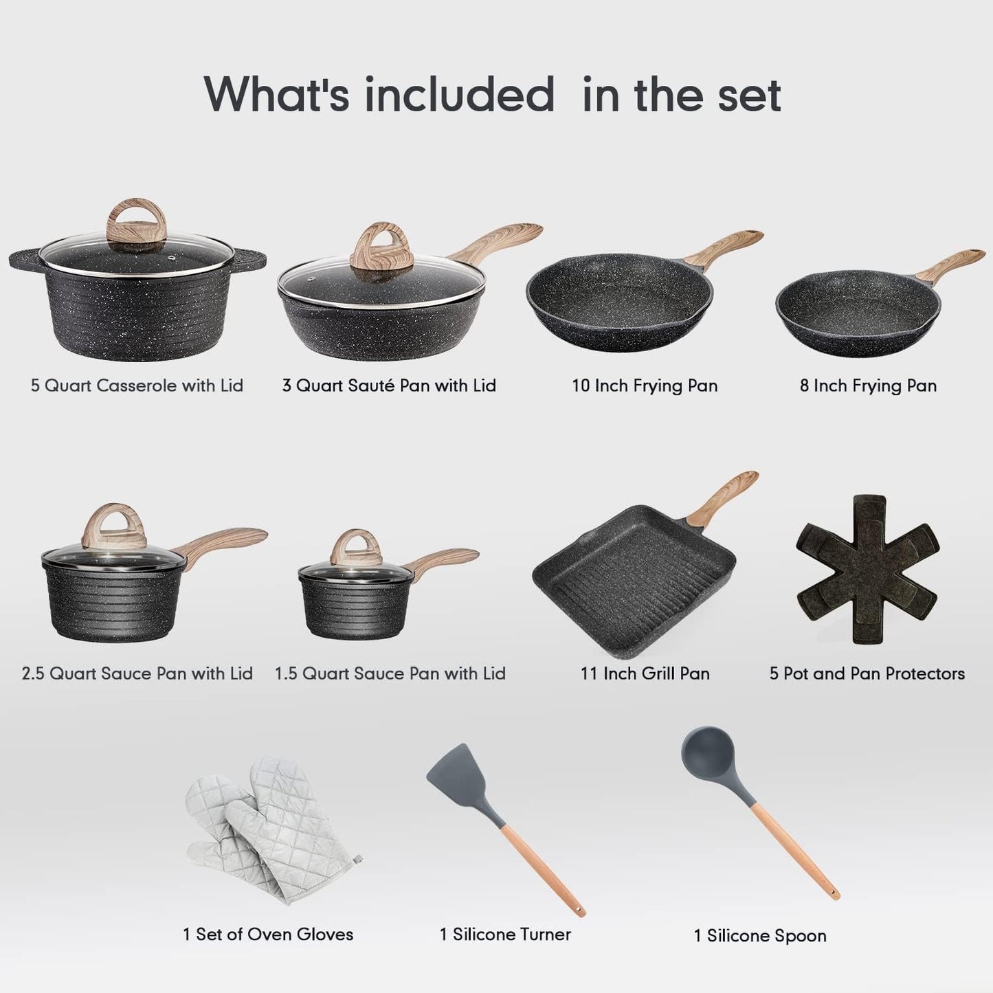 JEETEE Pots and Pans Set Nonstick 20PCS, Granite Coating Induction Compatible with Frying Saucepan, Sauté Pan, Grill Cooking Pots, PFOA Free, (Grey, Cookware Set)