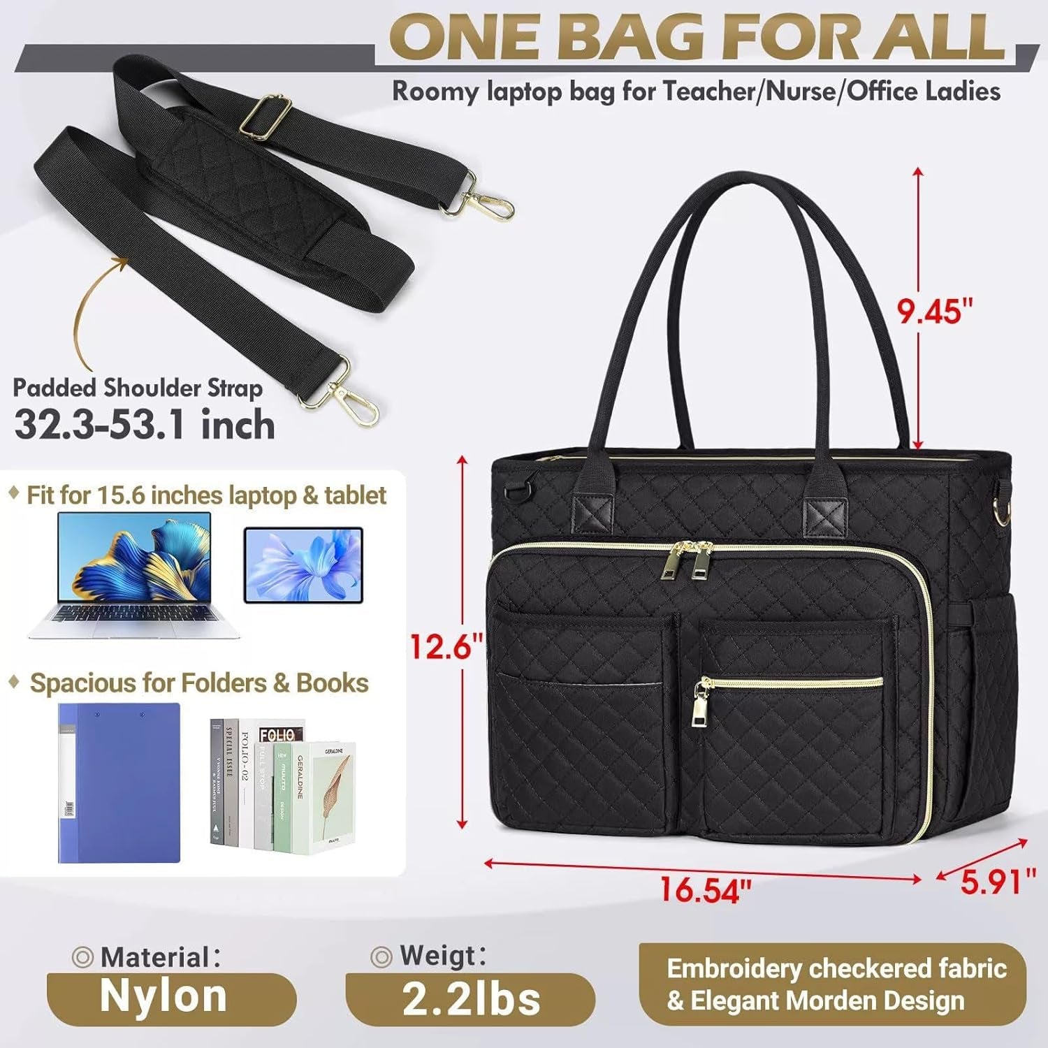 15.6" Women'S Laptop Tote Bag for Teachers & Nurses - Insulated Pocket Professional Work Bag - Messenger Briefcase for Office, College & Nursing