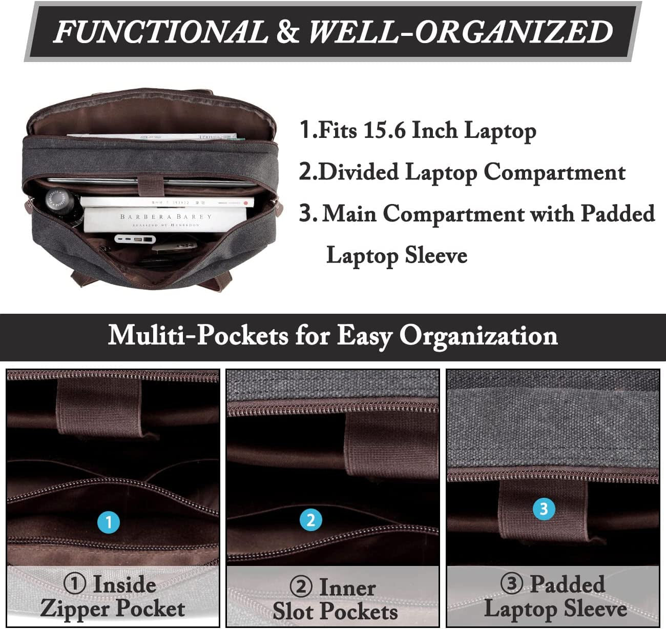 VASCHY Laptop Bag for Men, Vintage Canvas Water Resistant 15.6 Inch Messenger Bag Business Briefcase Shoulder Bag