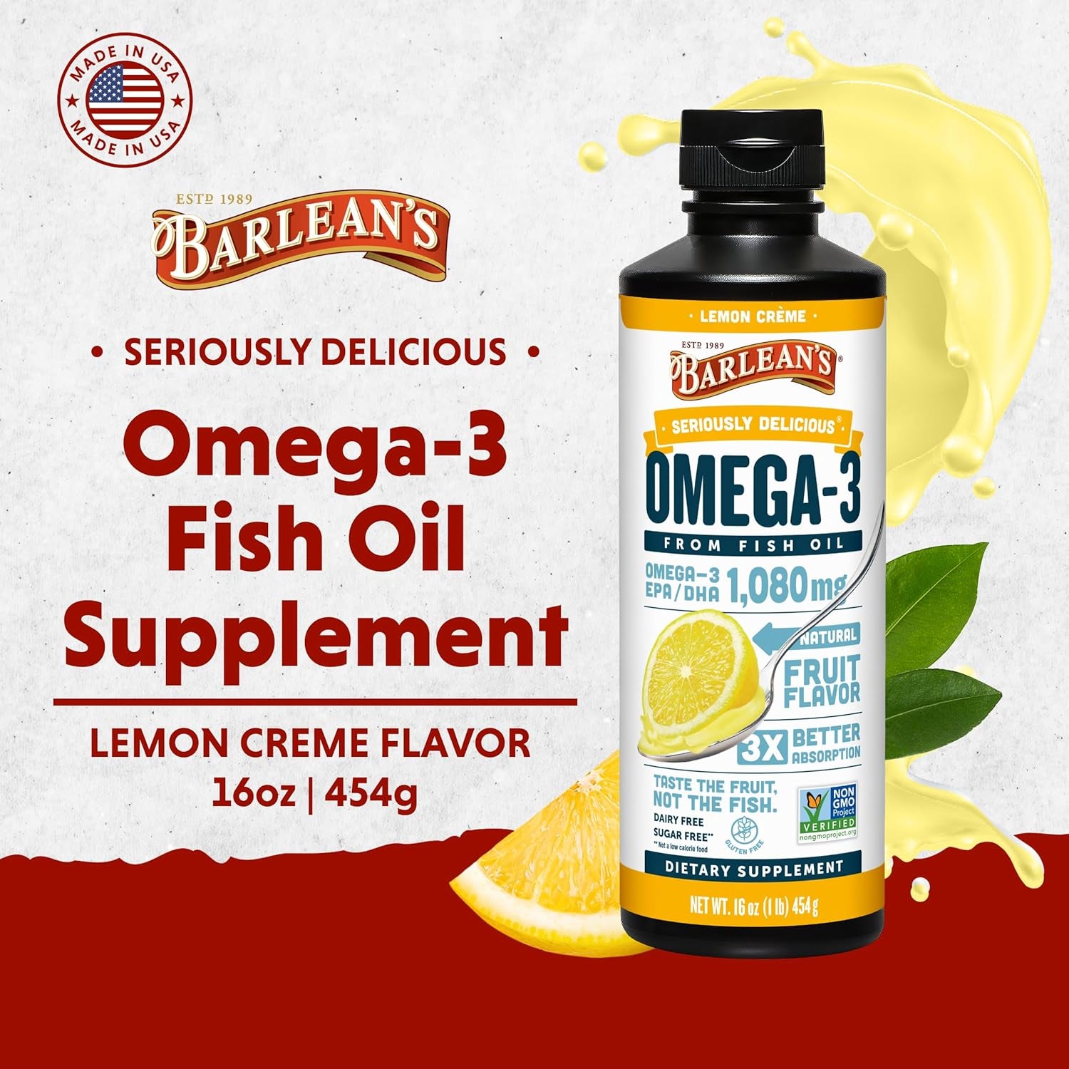 Barlean'S Omega 3 Fish Oil Liquid Supplement for Men and Women, Lemon Crème, 1080Mg of Omega 3 EPA and DHA Fatty Acid, 16 Oz