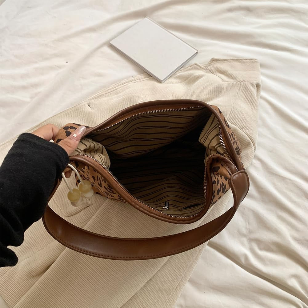 YFGBCX Suede Tote Bags for Women Suede Bag Fall Purse Retro Suede Leopard Purse Slouchy Hobo Bag College Tote Handbags