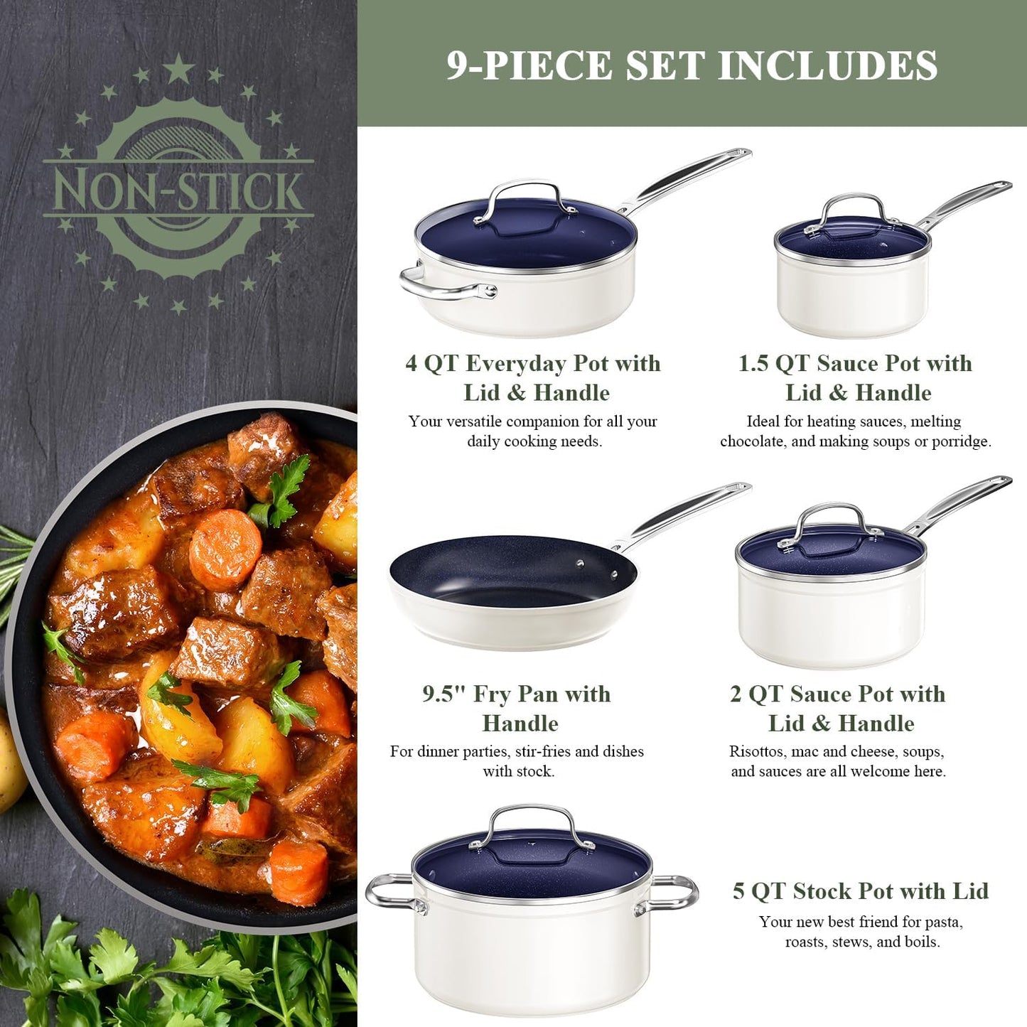 Nuwave 9Pc Cookware Set Healthy Duralon Blue Ceramic Nonstick Coated, Diamond Infused Scratch-Resistant, PFAS Free, Oven Safe, Induction Ready & Evenly Heats, Tempered Glass Lids & Stay-Cool Handle