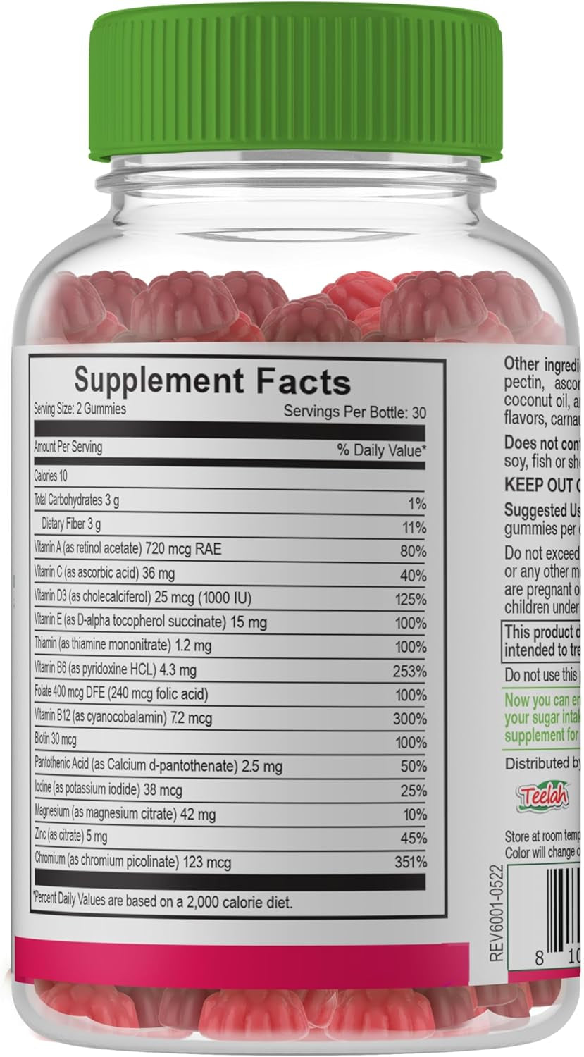 YUM-V'S Yumvs Multivitamin Gummies | Sugar Free Supplement Vitamins for Women & Men | Chromium, Thiamine and Magnesium | Natural Raspberry Flavor Chewables - 60 Count