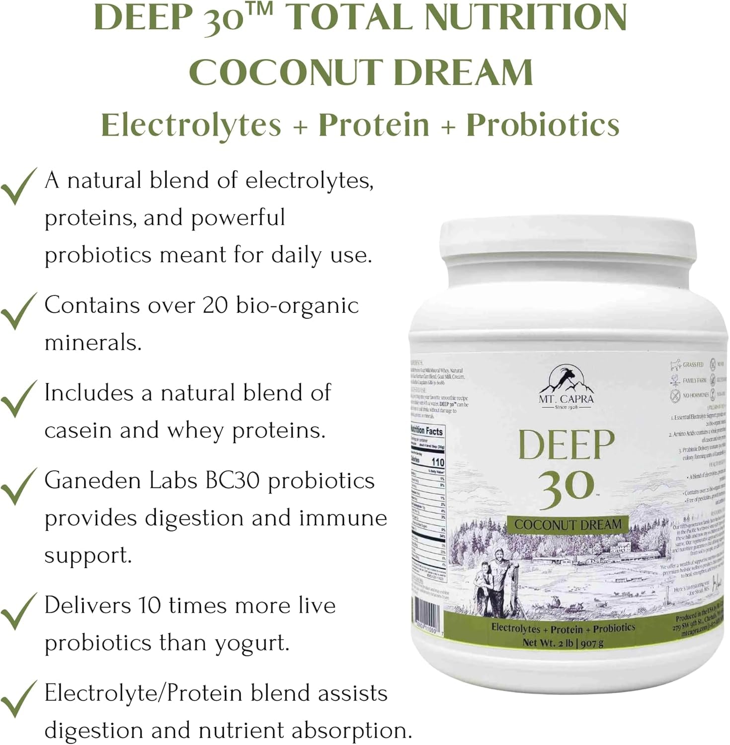 Mt. Capra Deep 30 | Meal Replacement Shake, Goat Protein Powder with Grass-Fed Whey Protein, Casein Protein, Minerals, and BC-30 Probiotics | Coconut Dream | 30 Servings - 2 Pounds