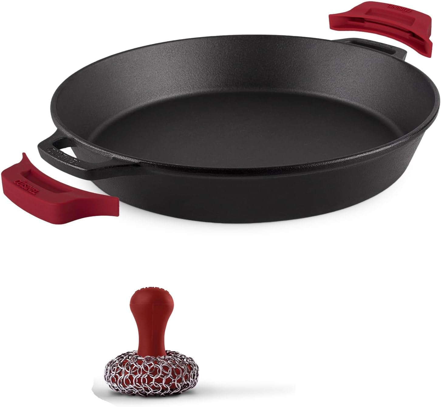 Cuisinel Cast Iron Skillet + Chainmail Scrubber - 15"-Inch Pre-Seasoned Dual Handle Braiser Frying Pan + Silicone Handle Covers - Oven, Grill, Stovetop, Fire, Kitchen Cookware - Indoor/Outdoor Use