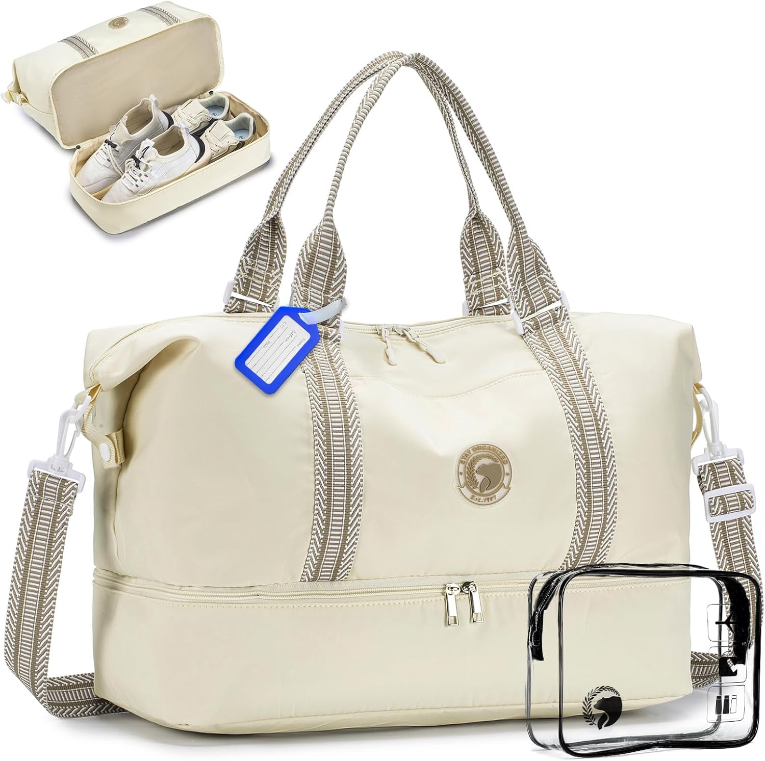 14X18X8 Travel Bag Frontier Airlines Personal Item Bag with Shoe Compartment Tote Carry on Luggage 32L Weekender Overnight for Women Men Beige