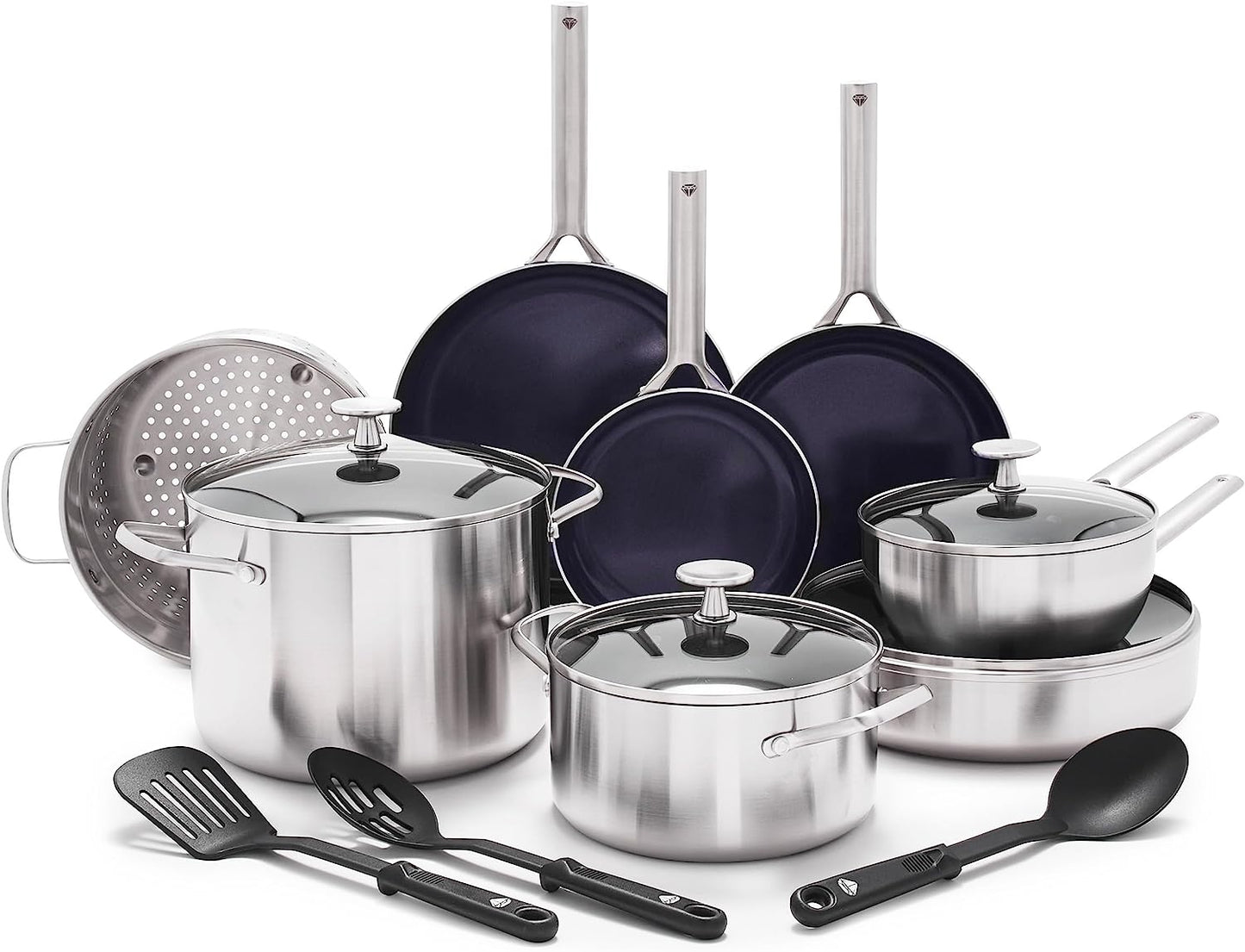 Blue Diamond 15-Piece Tri-Ply Stainless Steel Cookware Set with Ceramic Nonstick Frypans, Induction-Compatible Pots & Pans, Pfas-Free, Dishwasher Safe, 600°F Oven Safe, Metal Utensil Safe