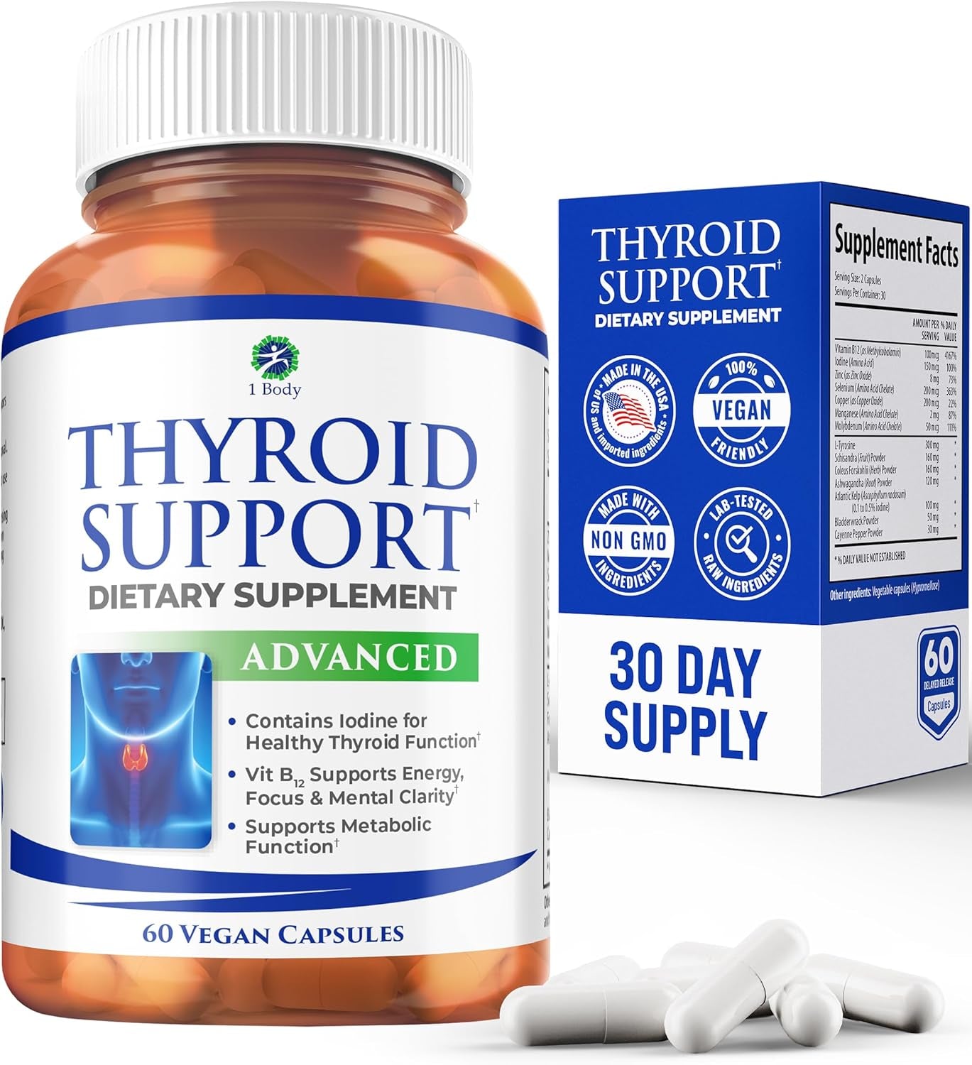 1 Body Thyroid Support Supplement for Women and Men | Supports Energy & Mental Clarity with Ashwagandha, Iodine, Zinc & B12 | Selenium Supplement | 30 Day Supply