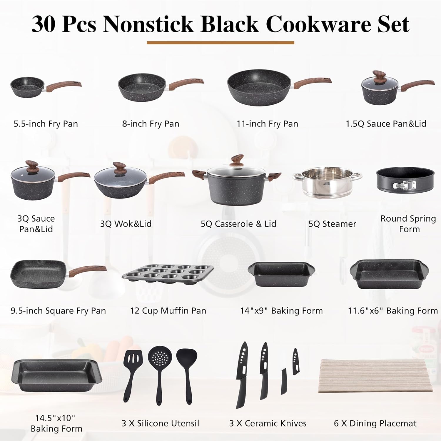 30 Piece Nonstick Pots and Pans Set, Induction Nonstick Kitchen Cookware Sets, Nonstick Induction Cookware with Frying Pans and Saucepan Set, Non-Toxic Kitchen Cooking Set, Black