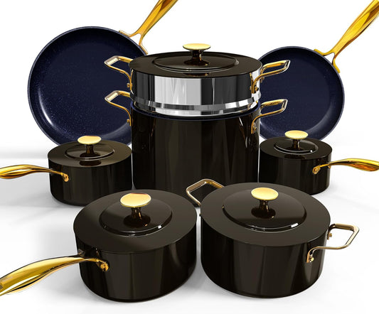 Nuwave Lux LE 13-Pc Cookware Set with Elegant Gold Handle, Diamond Infused Ceramic Non-Stick, PFAS Free, Premium Metal Lids, Ergonomic Stay-Cool Handles, Induction Ready & Compatible W/All Cooktops