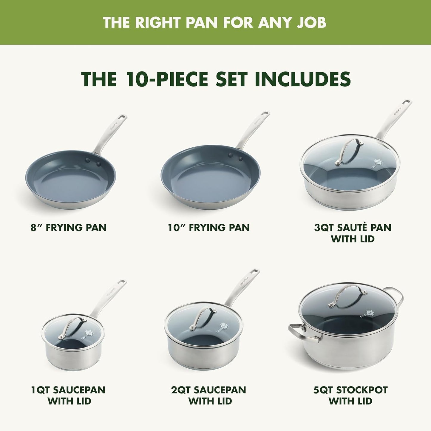 Greenpan Treviso Stainless Steel Healthy Ceramic Nonstick, 10 Piece Cookware Pots and Pans Set, Pfas-Free, Clad, Induction, Dishwasher Safe, Silver