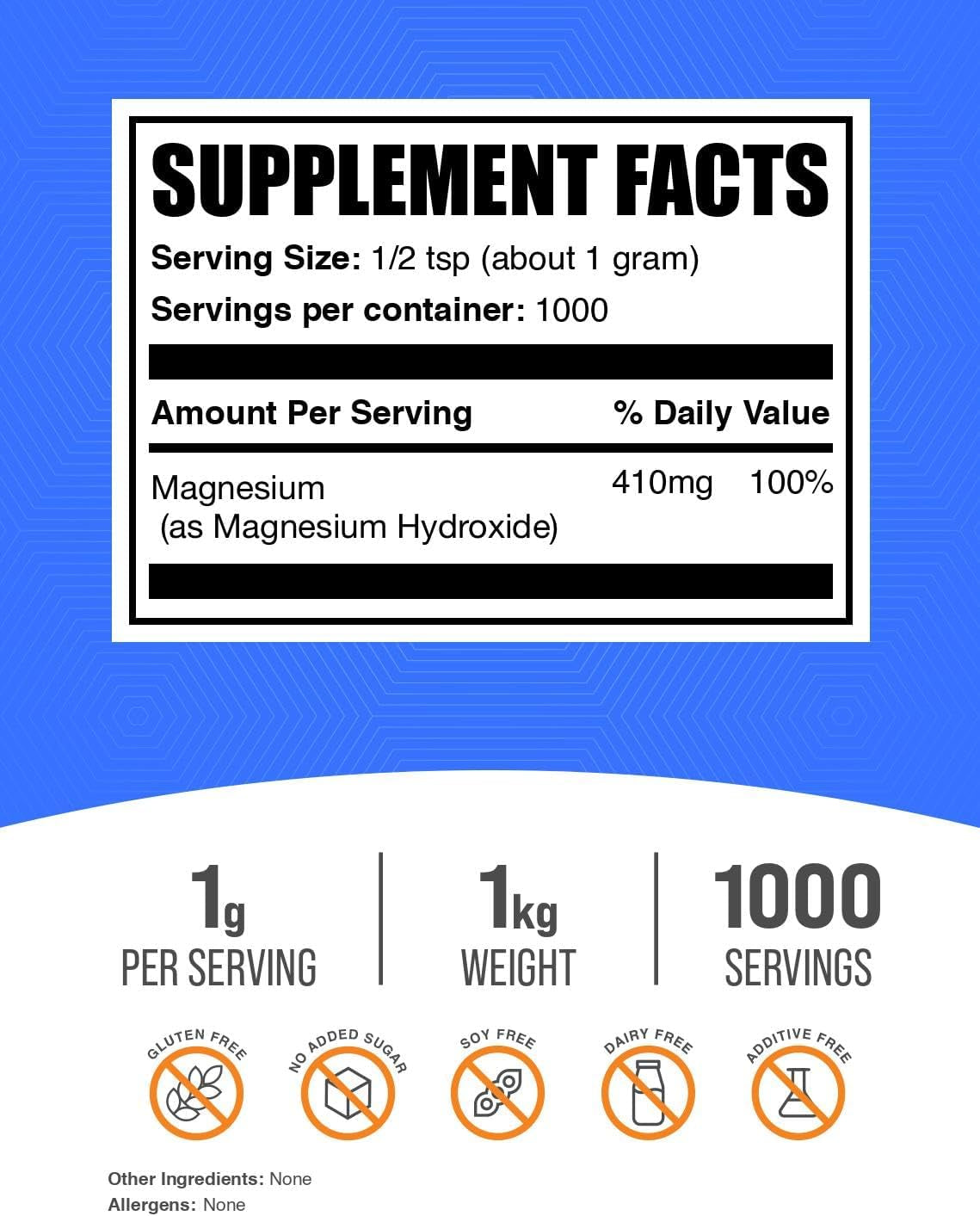 Bulksupplements.Com Magnesium Hydroxide Powder - Magnesium Hydroxide Supplement - Food Grade & Gluten Free, 1G per Serving, 1Kg (2.2 Lbs) (Pack of 1)