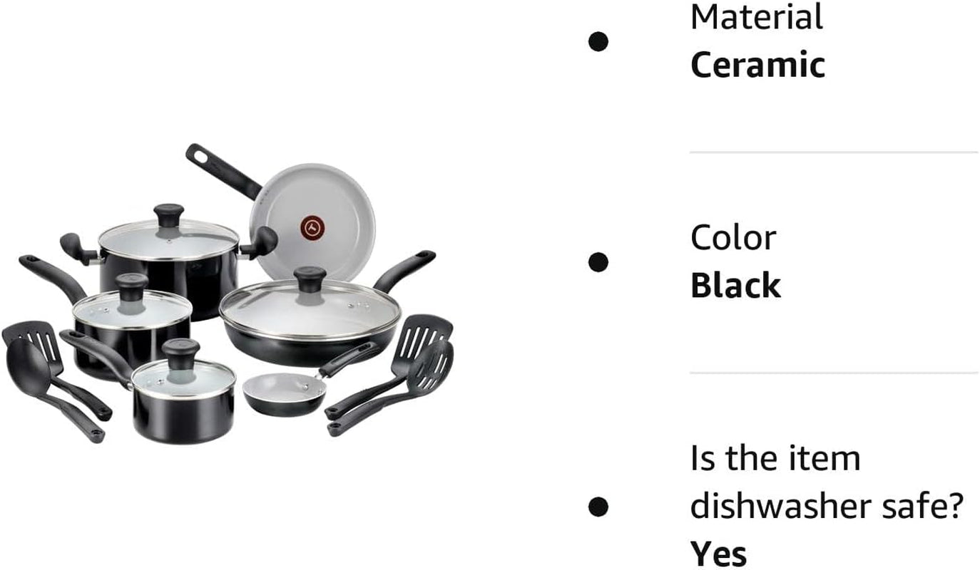 T-Fal Initiatives Ceramic Non Stick Cookware Set 14 Piece, Oven Broiler Safe 350F, Kitchen Cooking Set W/ Fry Pans, Saucepans, Dutch Oven, Utensils, Healthy Cooking, Pots and Pans, Home, Black