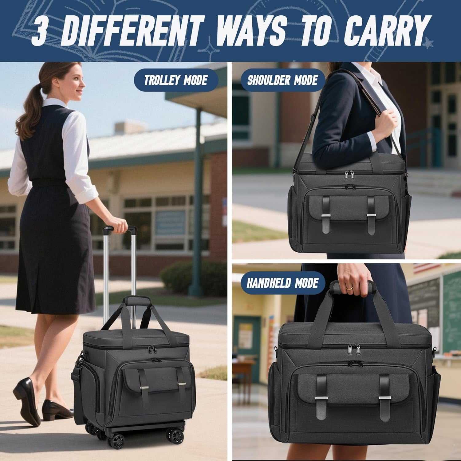 Rolling Teacher Tote Bag for Women Men,Large Tote Bag with Detachable Wheels Trolley,15.6 Inch Laptop Wheeled Teacher Bag for Work Office