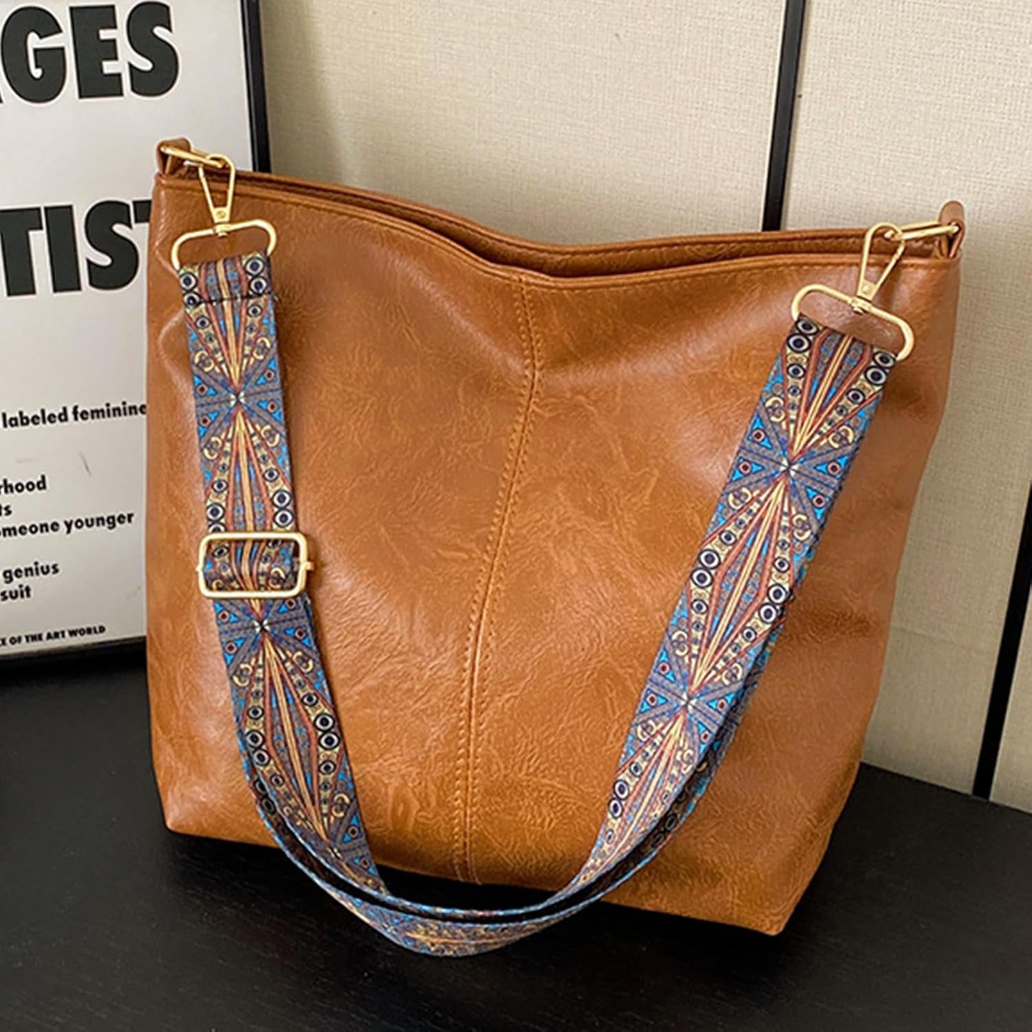 Hobo Bags for Women Crossbody Purse Vegan Leather Shoulder Handbag Guitar Strap Purses Boho Tote Work Bucket Bag