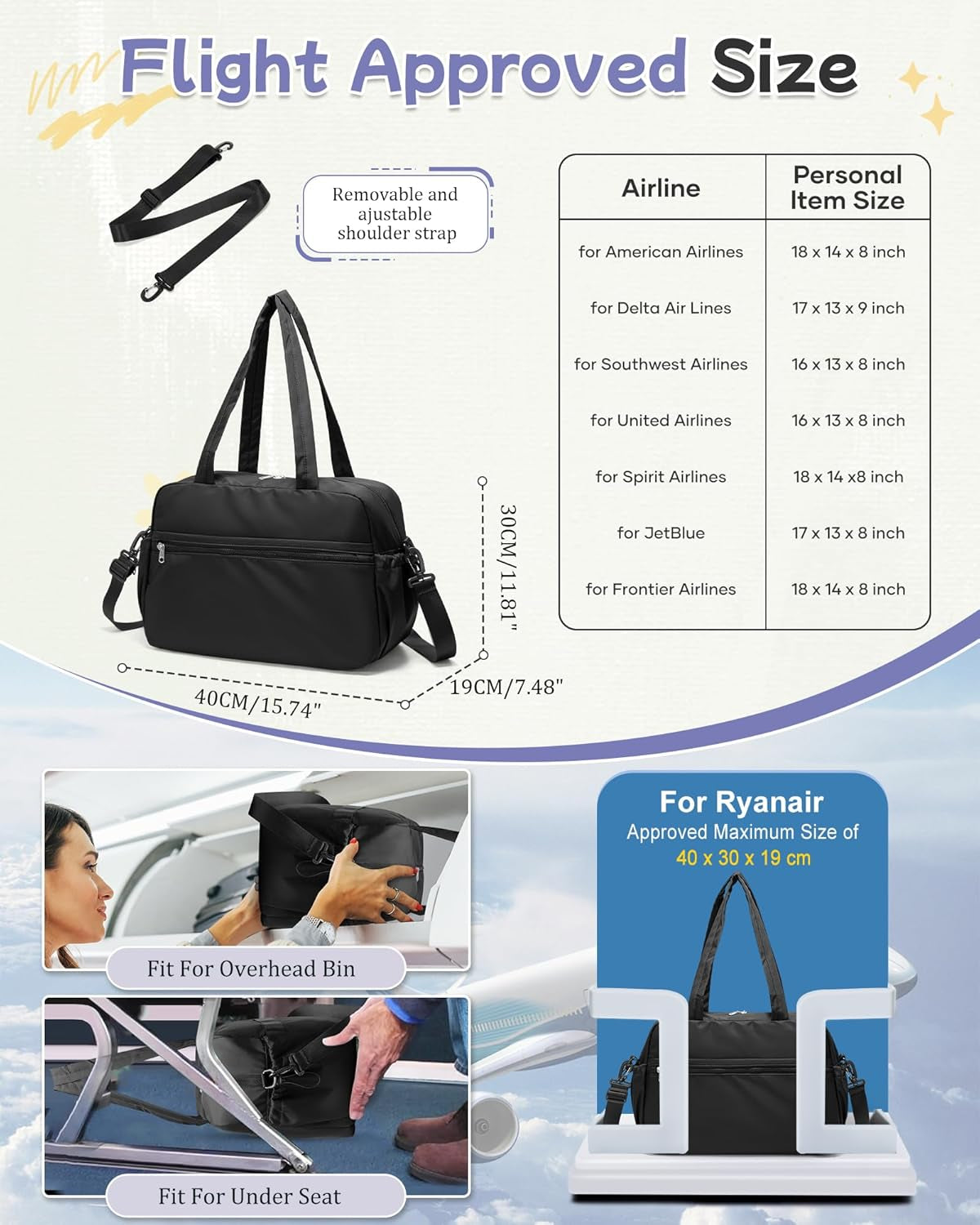 Small Black Gym Duffle Bag for Women Men, Waterproof Weekender Handbag Carry on Travel Bag for Airplane, Sports Yoga Tote Bag with Dry Wet Pocket