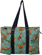 NGIL Zip-Top Organizing Utility Tote Bag with Exterior Pockets for Working Women, Teachers, Nurses, and Moms, Design in USA (Fox Life-Navy)
